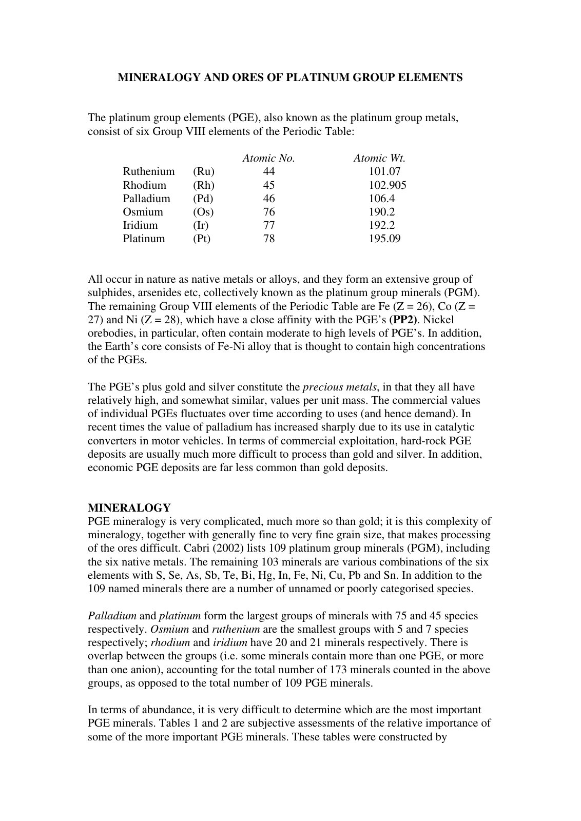 First page of Lec 19. ORES OF PLATINUM GROUP ELEMENTS