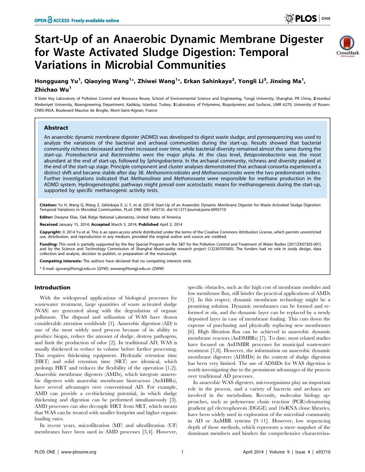 First page of Start-Up of an Anaerobic Dynamic Membrane Digester for Waste Activated Sludge Digestion: Temporal Variations in Microbial Communities