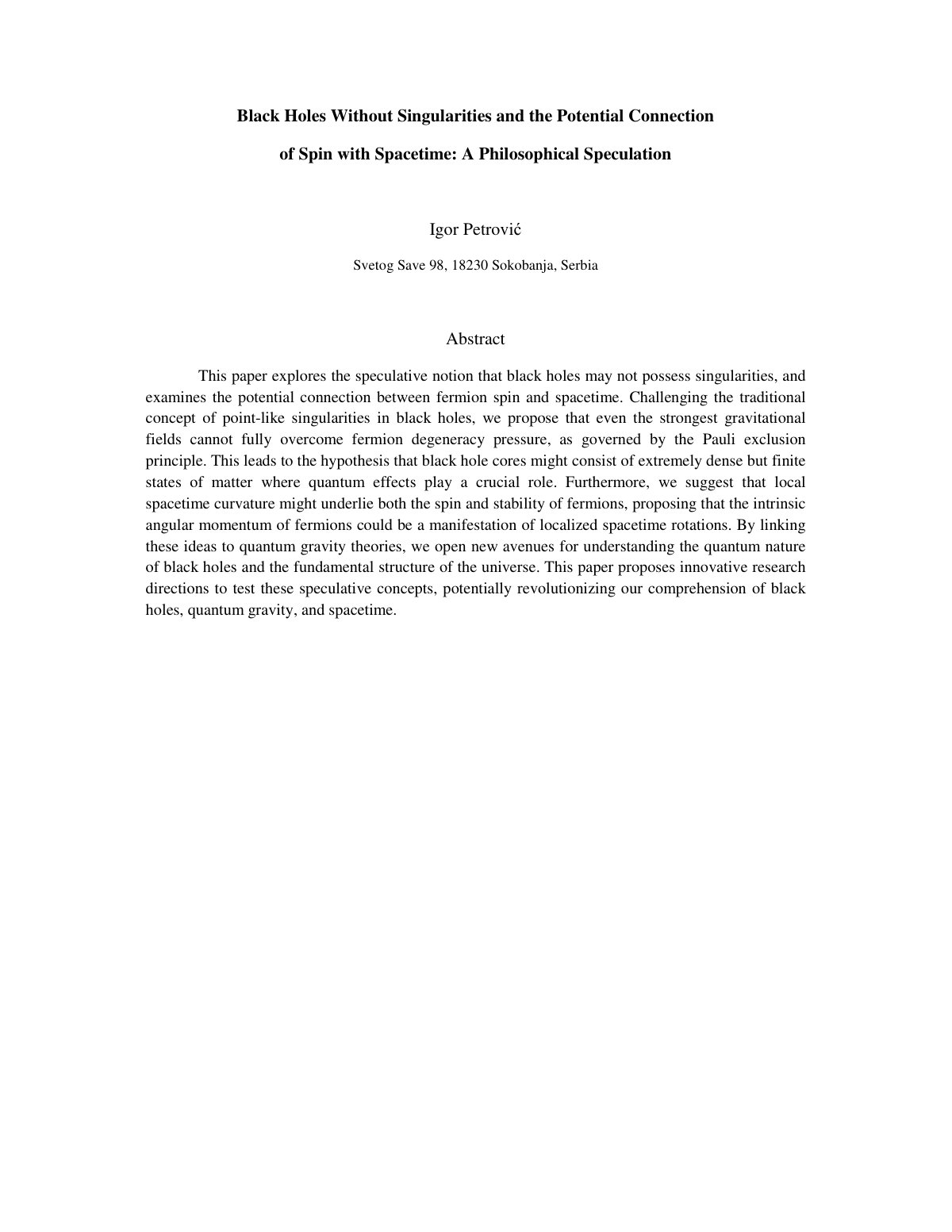 First page of Black Holes Without Singularities and th