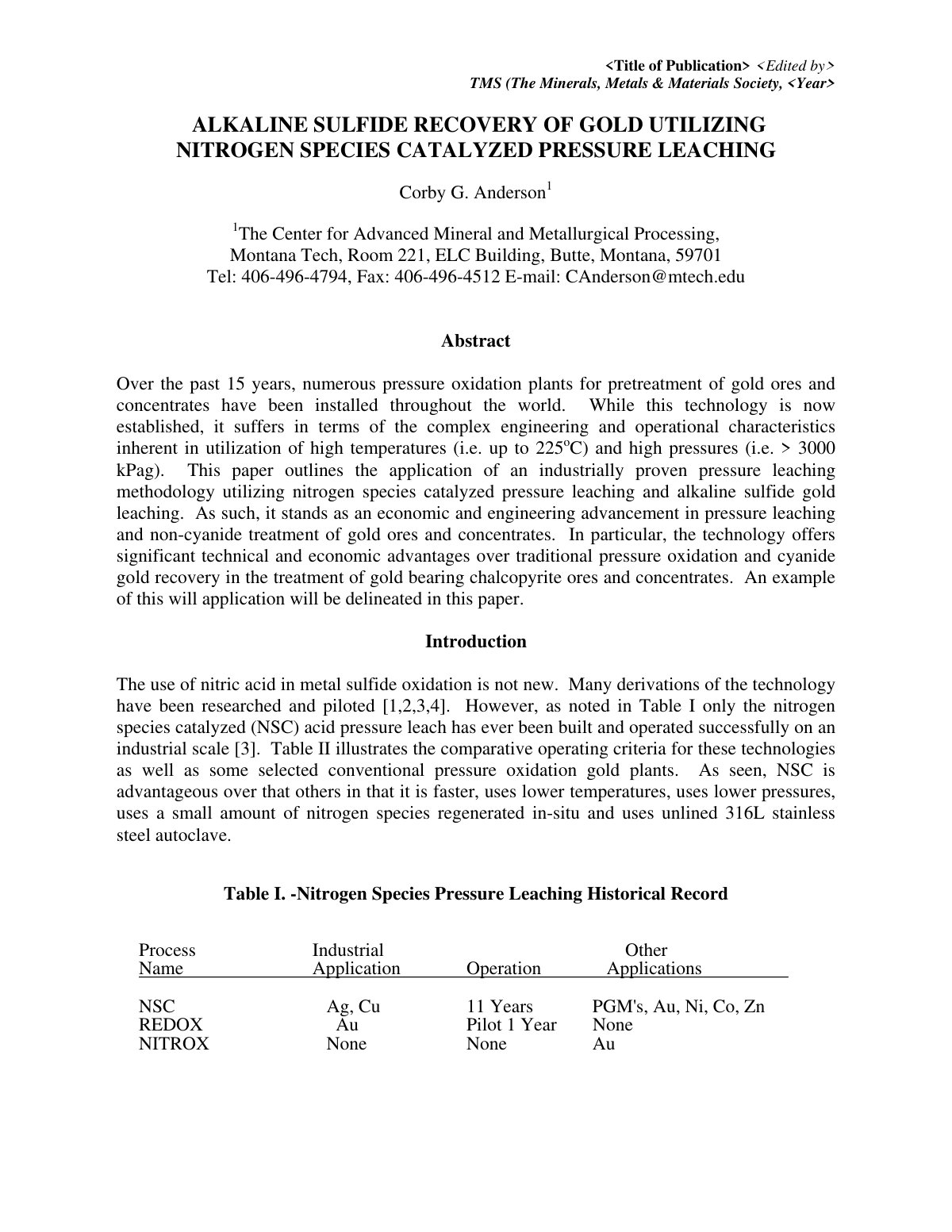 First page of Alkaline Sulfide Recovery of Gold Utiliz