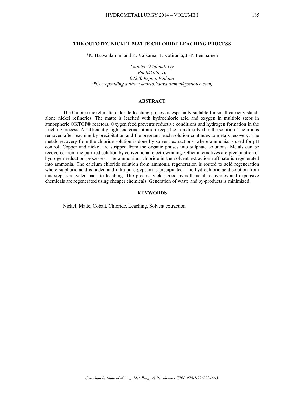 First page of THE OUTOTEC NICKEL MATTE CHLORIDE LEACHING PROCESS