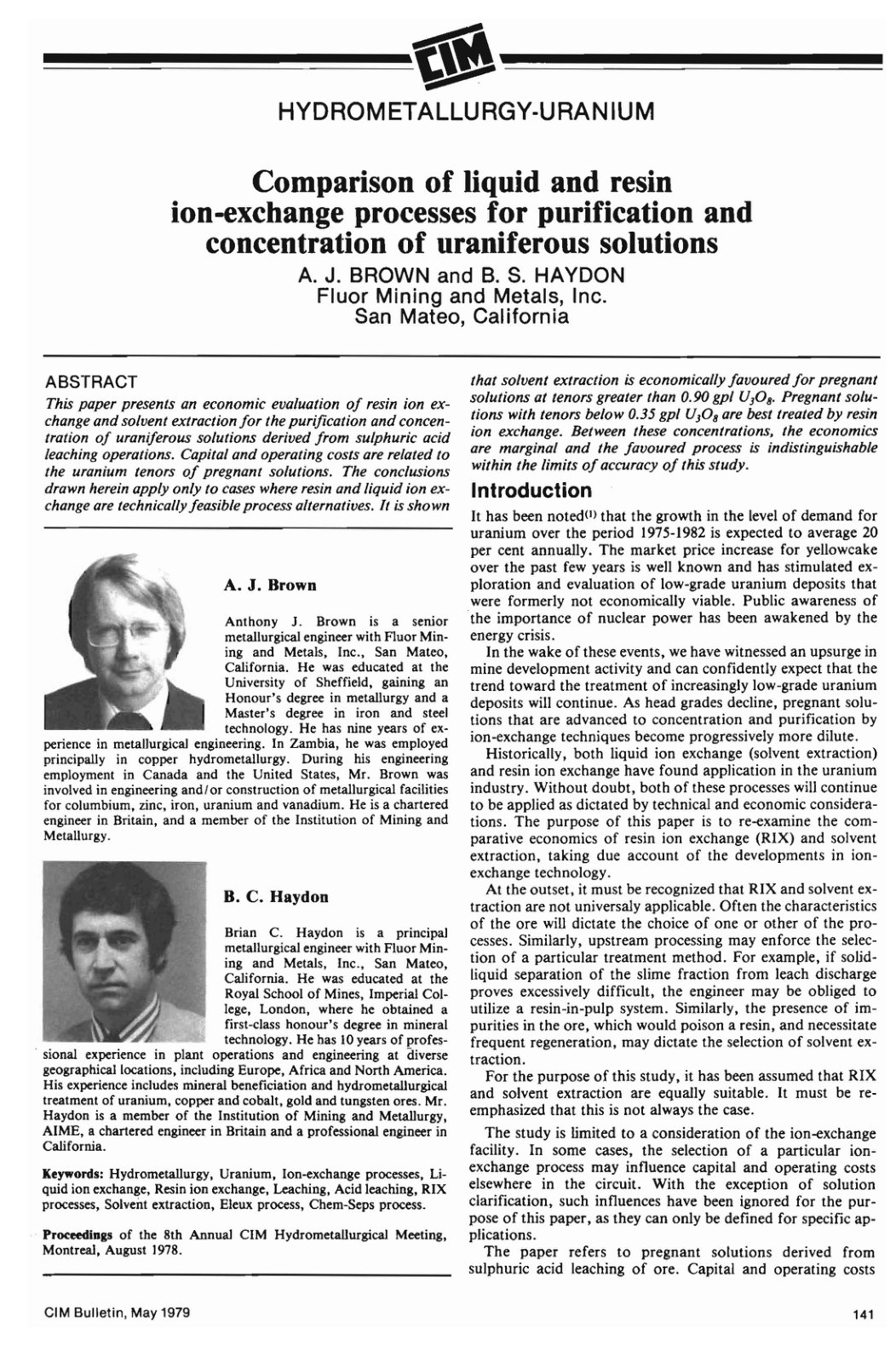 First page of Comparison of liquid and resin ion-exchange processes for purification and concentration of uraniferous solutions