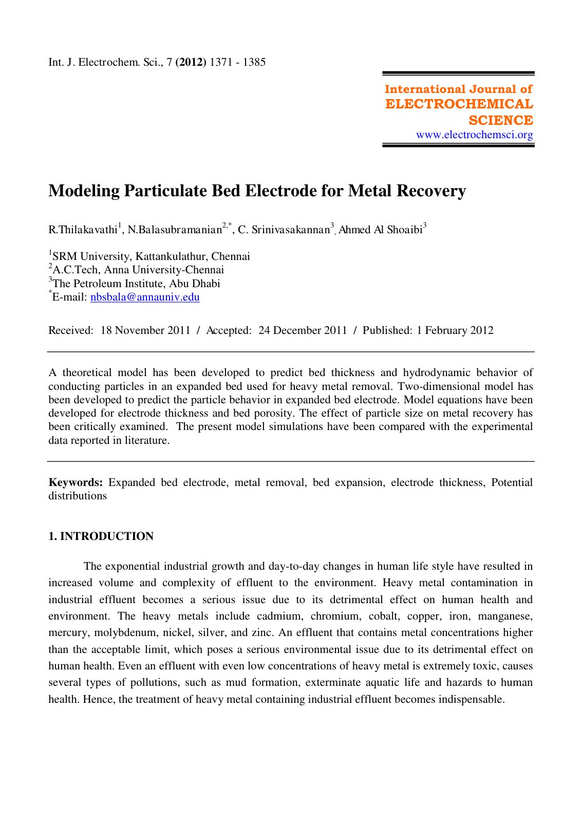 First page of 2012 Modeling Particulate Bed Electrode