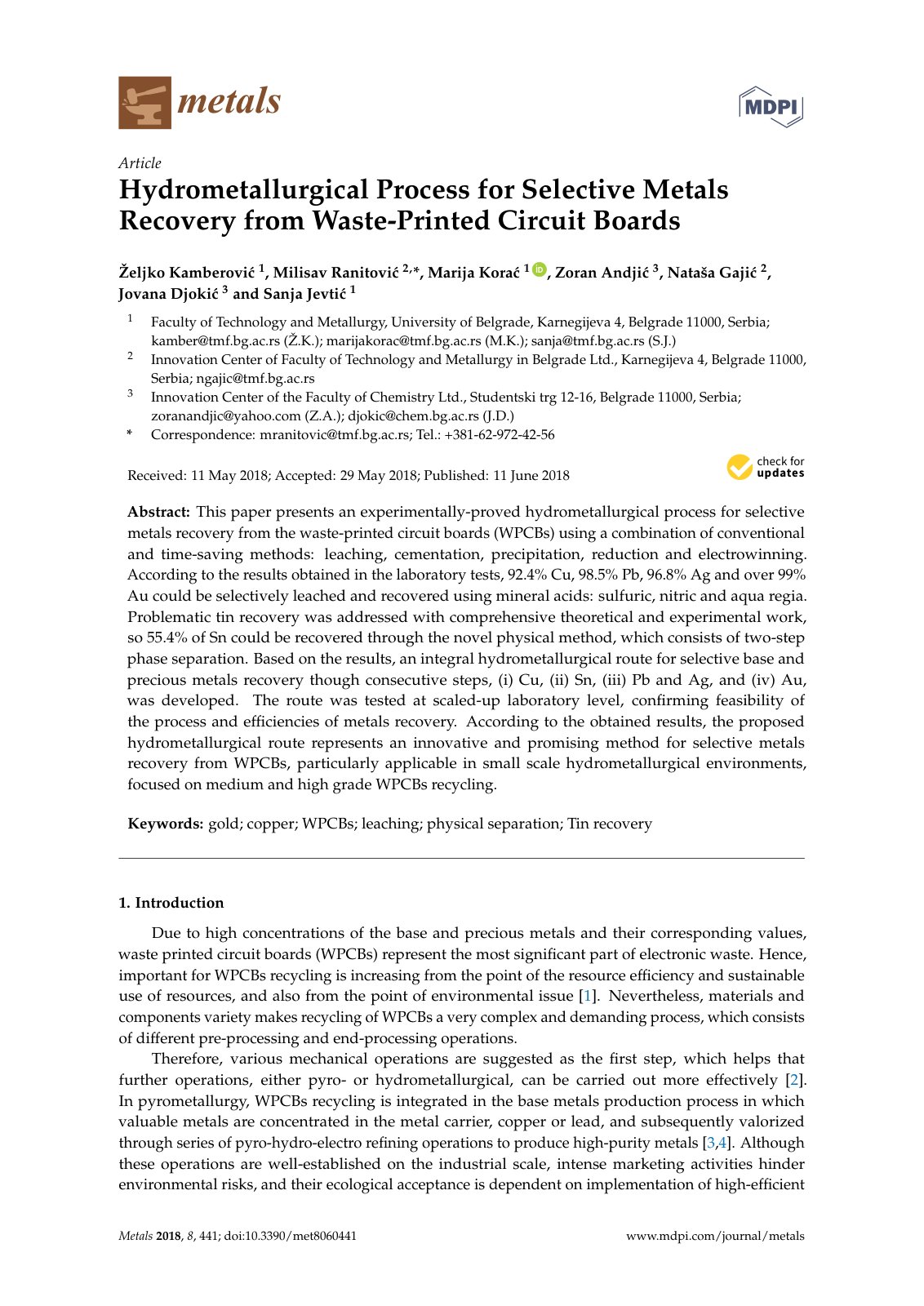 First page of 2018   Kamberovic   Selective metals recovery from waste PCBs