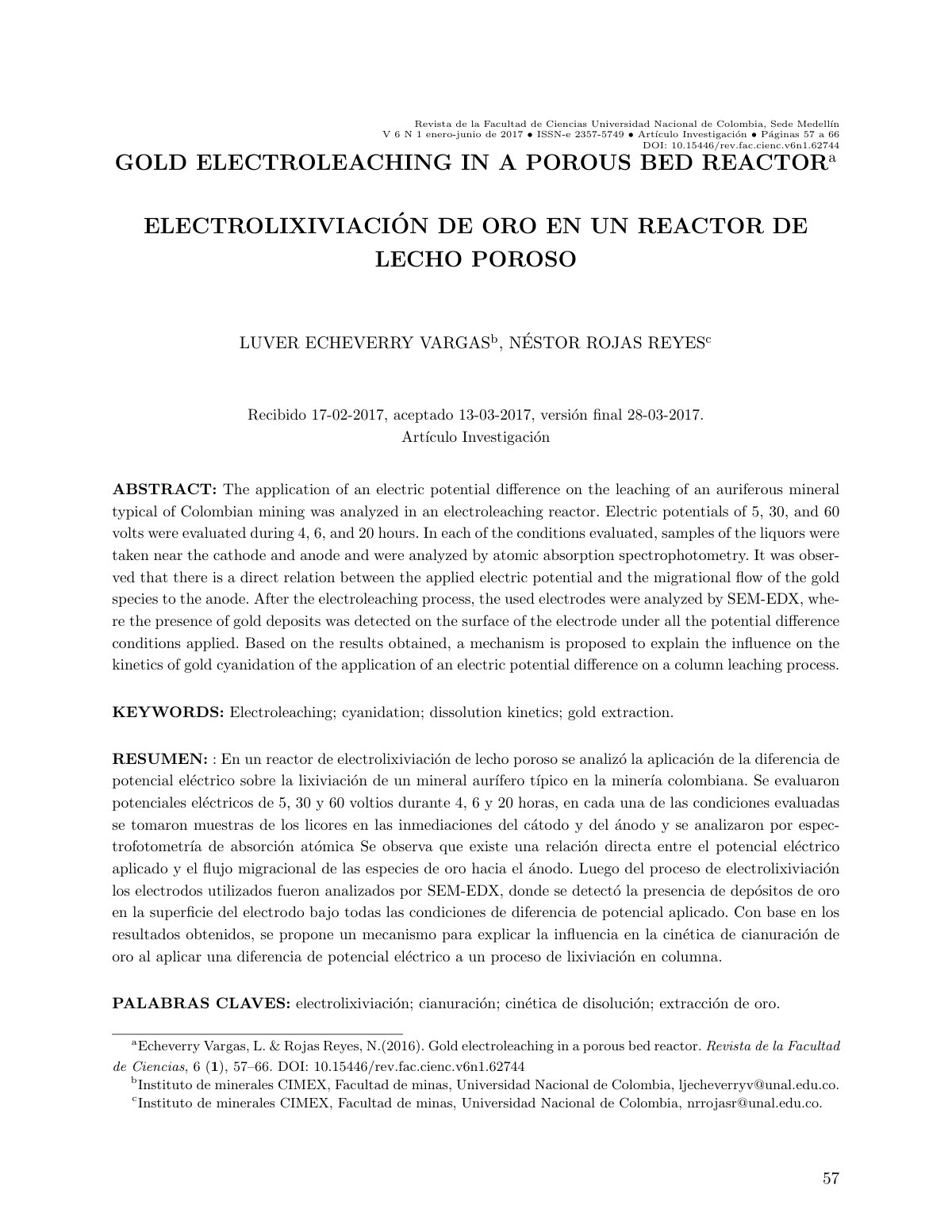 First page of GOLD ELECTROLEACHING IN A POROUS BED REACTOR a