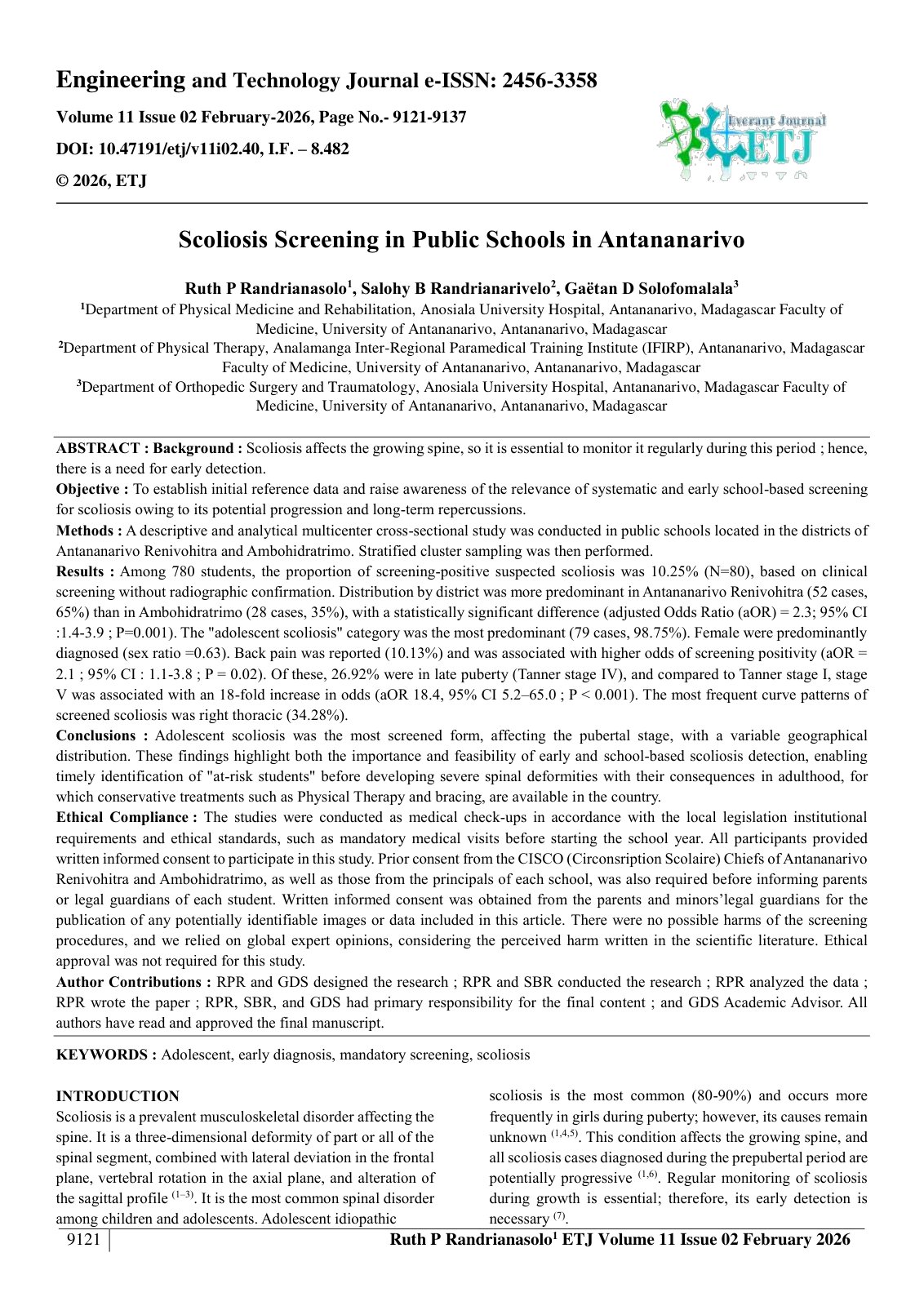 First page of Scoliosis Screening in Public Schools in Antananarivo  
