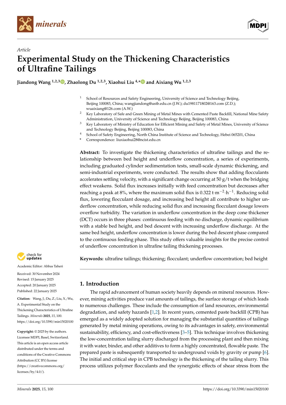 First page of Experimental Study on the Thickening Characteristics of Ultrafine Tailings