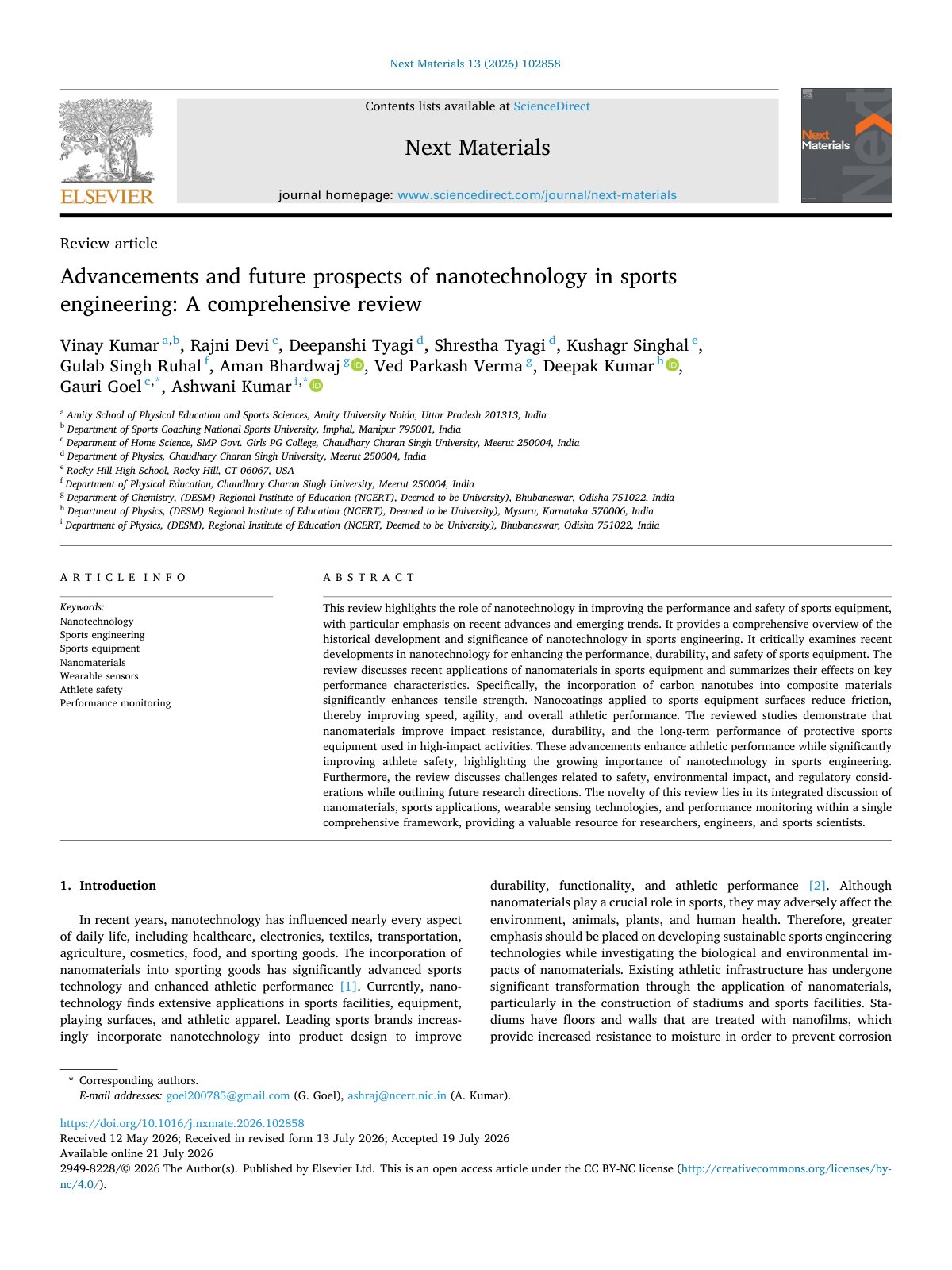 First page of Advancements and future prospects of nanotechnology in sports  2026 Next Mat