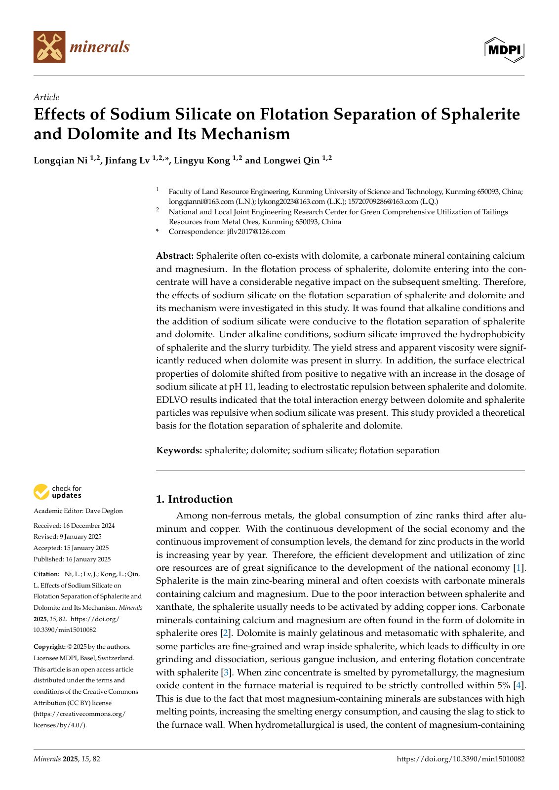 First page of Effects of Sodium Silicate on Flotation Separation of Sphalerite and Dolomite and Its Mechanism