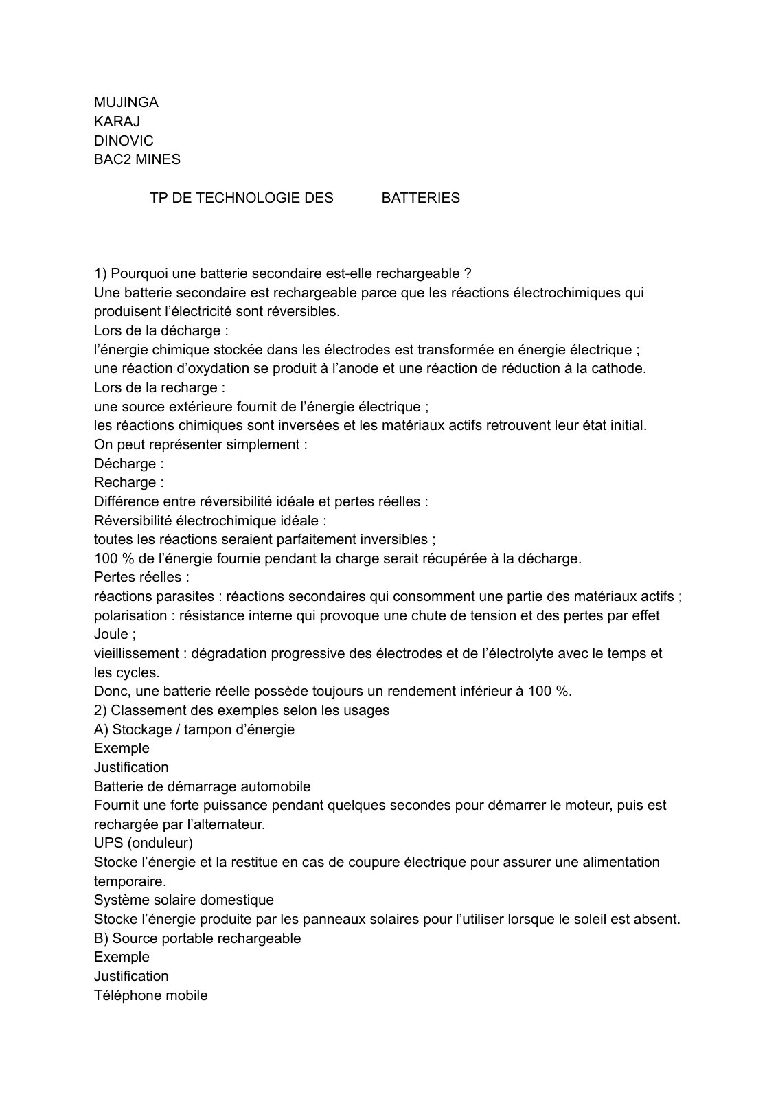 First page of MUJINGA KARAJ DINOVIC TP DE TECHNOLOGIE DES BATTERIES 