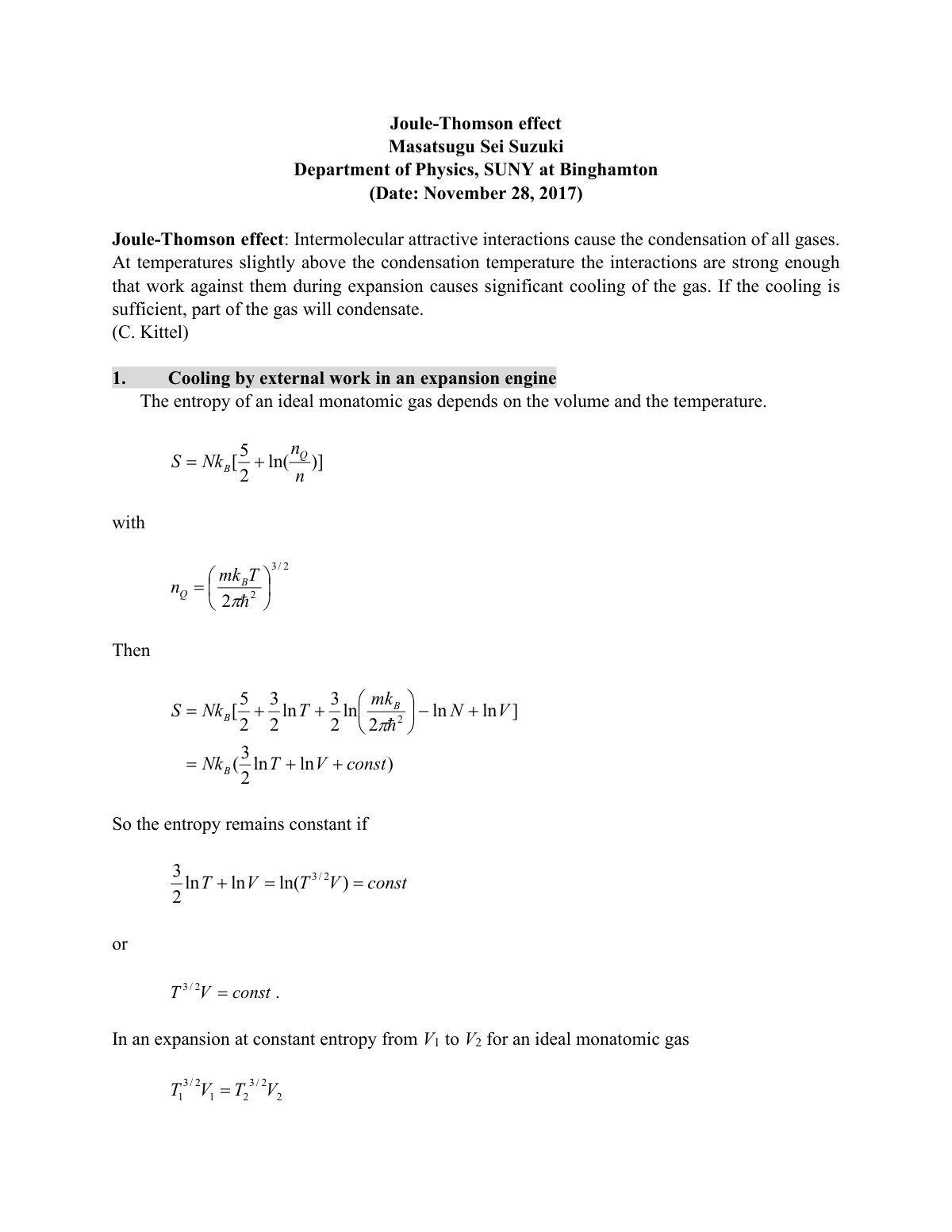 First page of 2.1 TD Thermodynamics  Joule Thomson effect