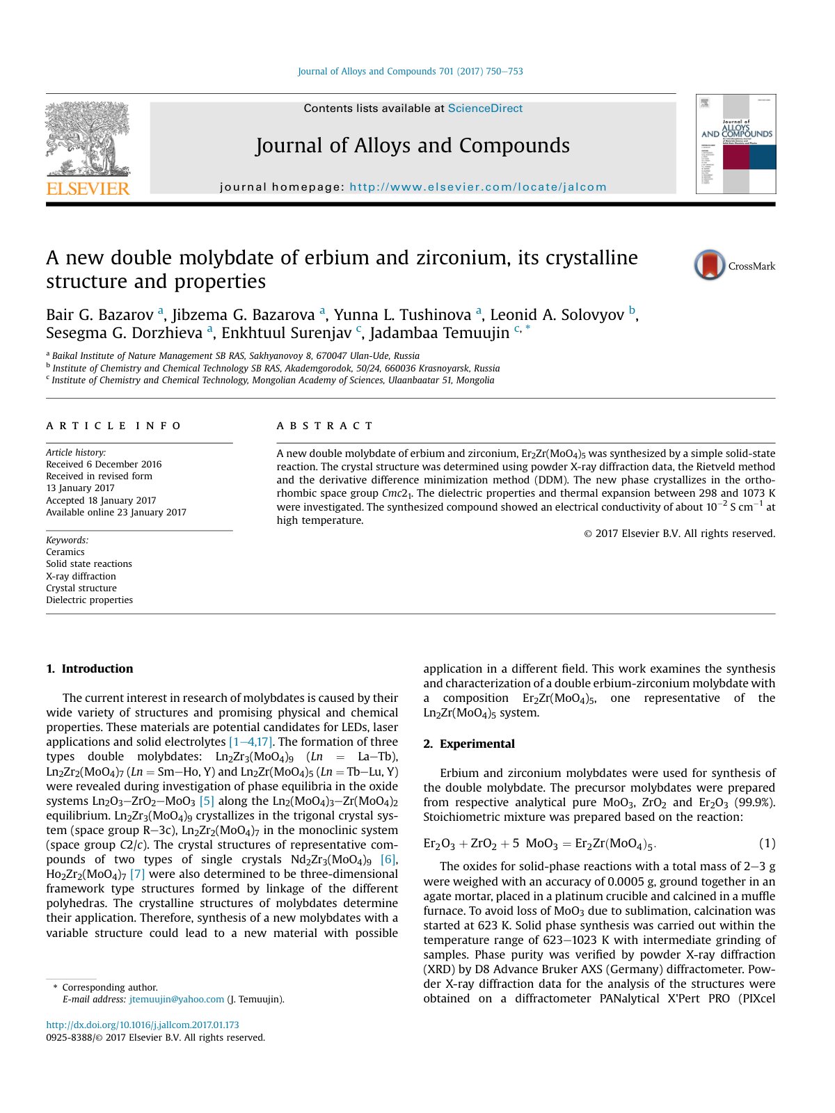 First page of A new double molybdate of erbium and zirconium, its crystalline structure and properties