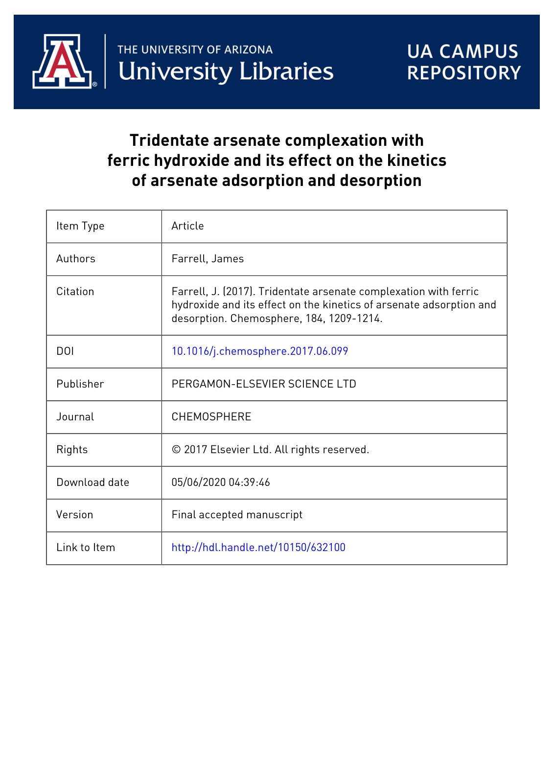 First page of Tridentate arsenate complexation with ferric hydroxide and its effect on the kinetics of arsenate adsorption and desorption