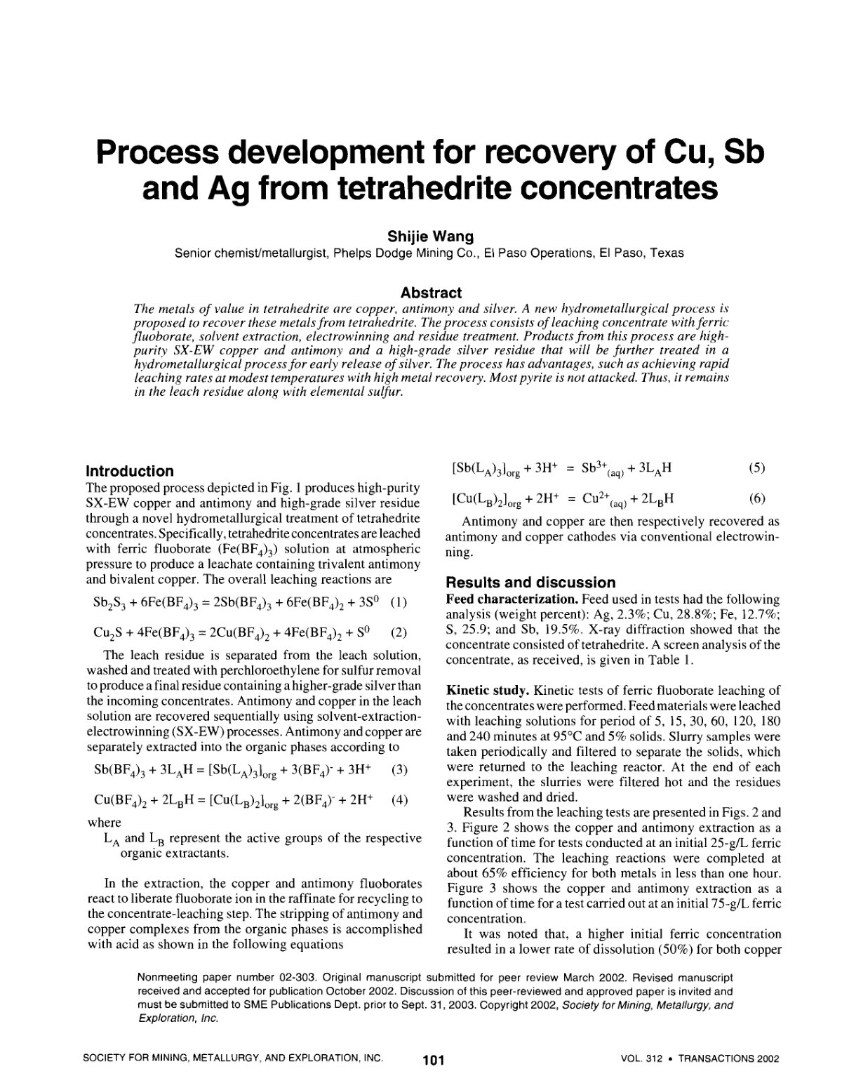 First page of Process development for recovery of Cu, Sb and Ag from tetrahedrite concentrates