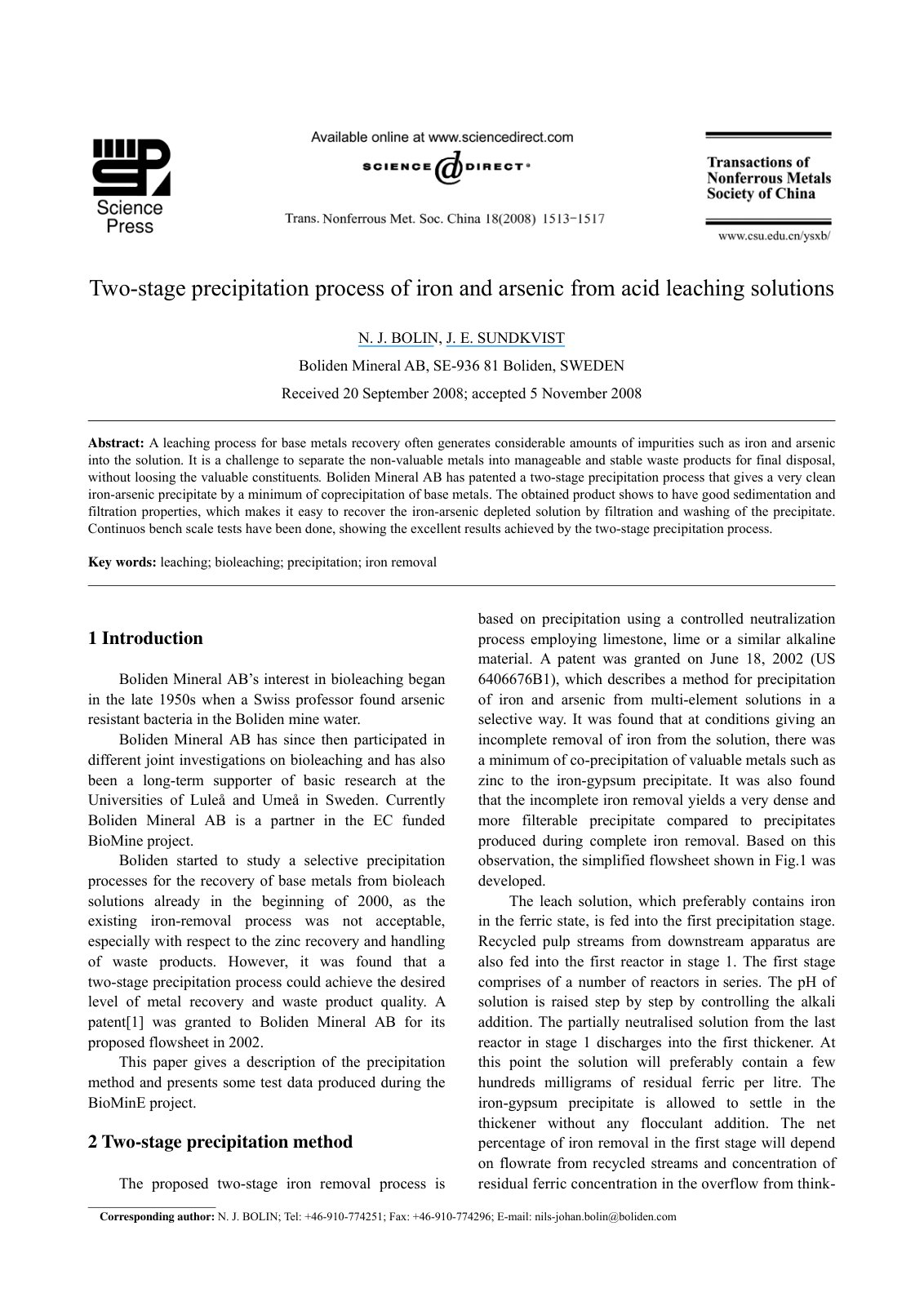 First page of Two stage precipitation process of iron