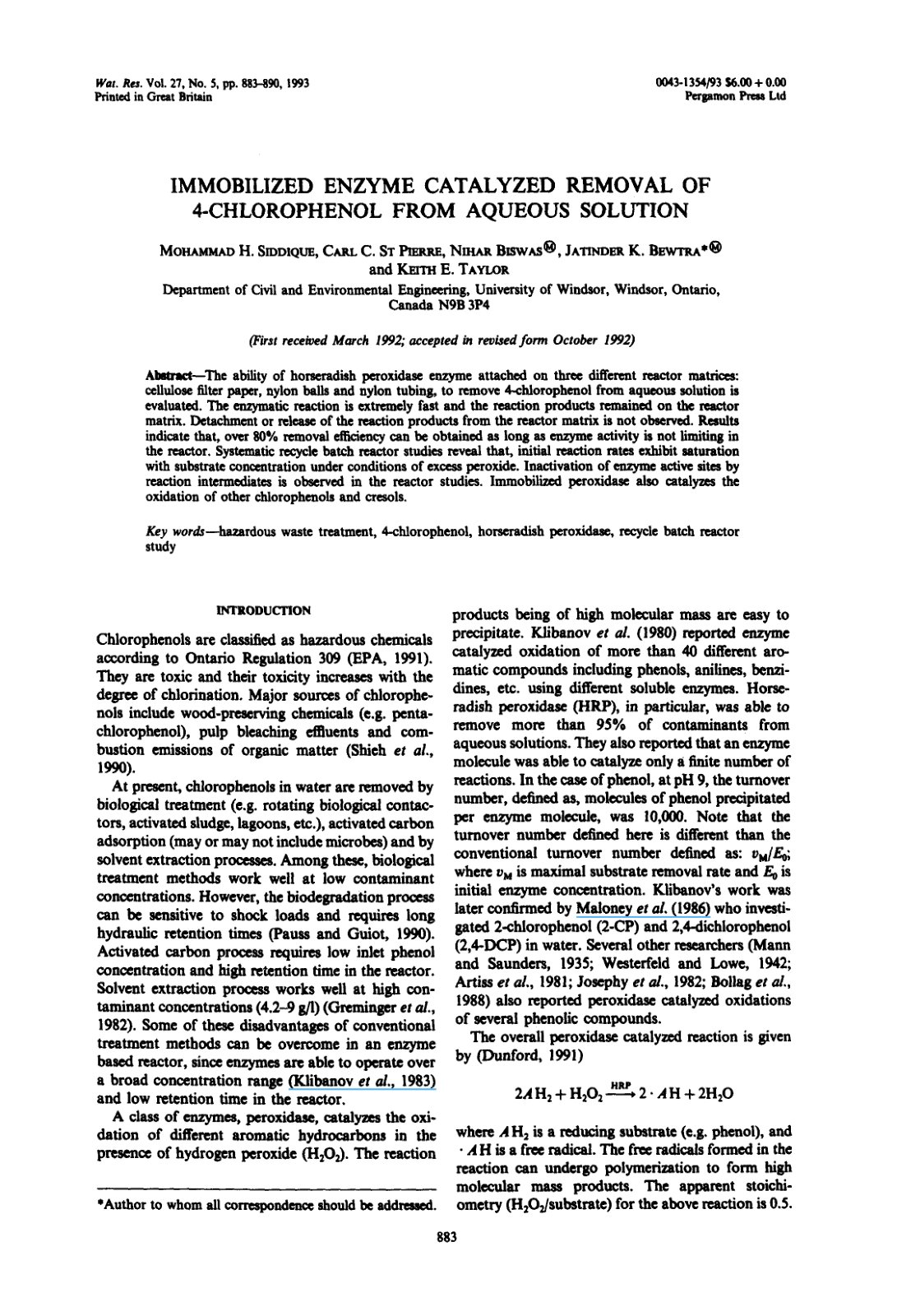 First page of Immobilized enzyme catalyzed removal of