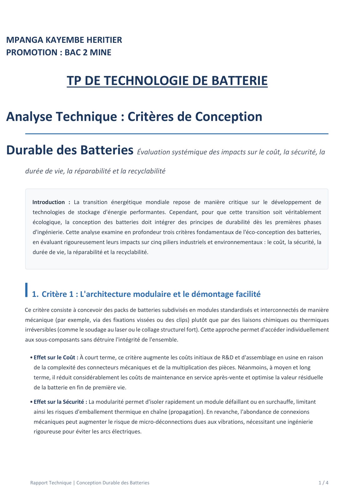 First page of Conception Durable des Batteries