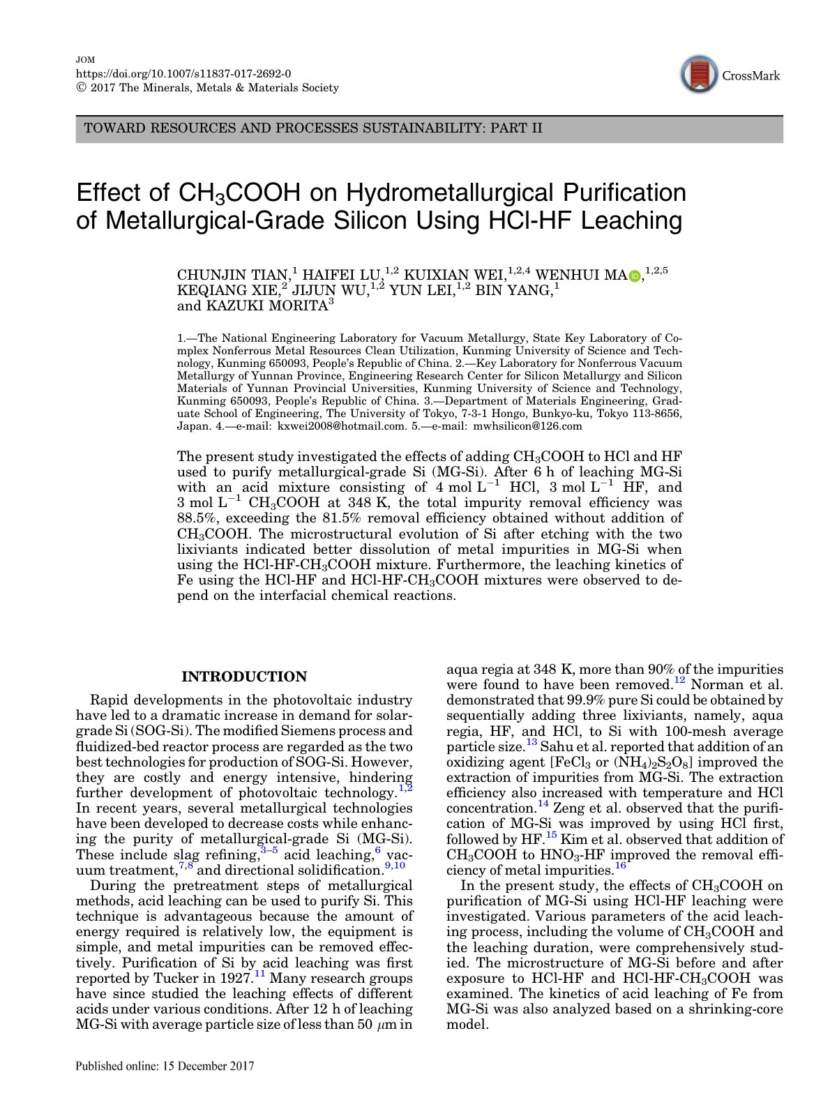 First page of TOWARD RESOURCES AND PROCESSES SUSTAINABILITY: PART II Effect of CH3COOH on Hydrometallurgical Purification of Metallurgical-Grade Silicon Using HCl-HF Leaching