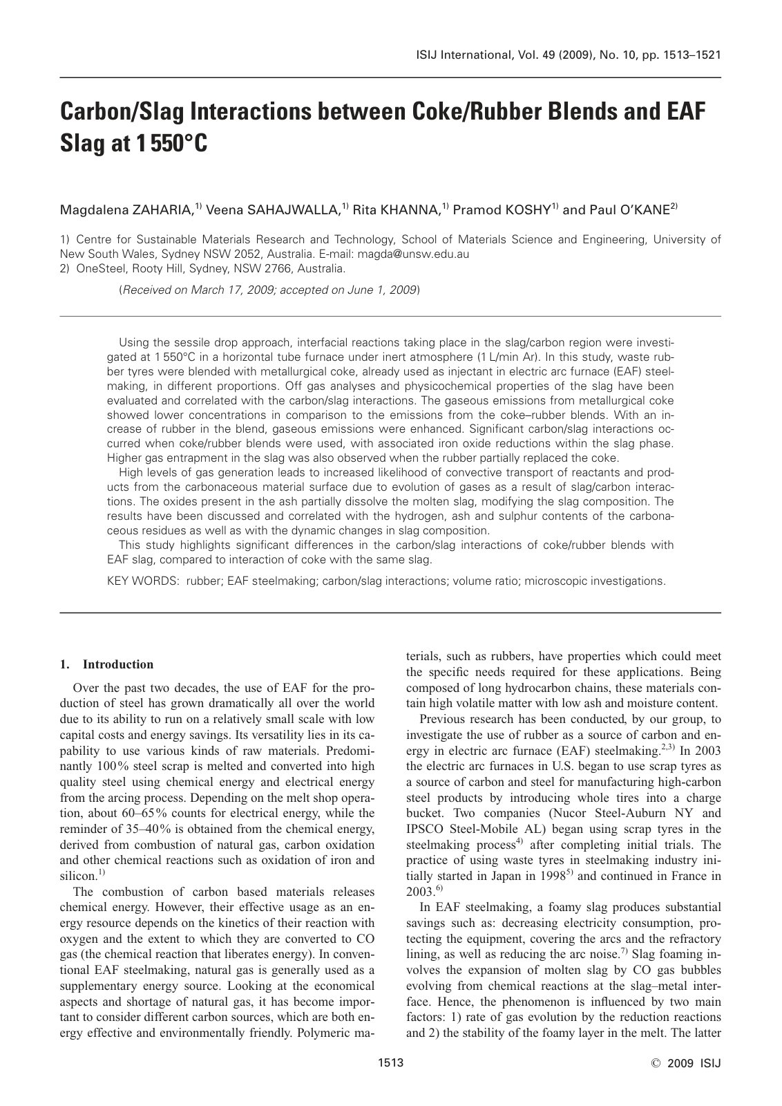 First page of ISIJ International, Vol. 49 (2009), No. 10, pp. 1513–1521