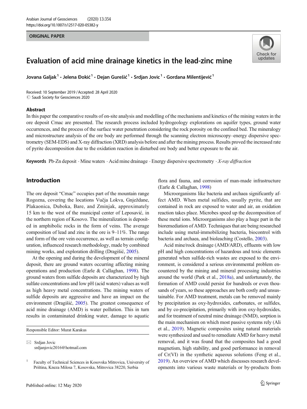 First page of Evaluation of acid mine drainage kinetics in the lead-zinc mine