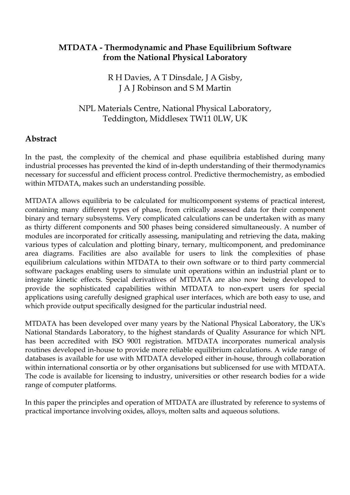 First page of MTDATA thermodynamic and phase equilibri