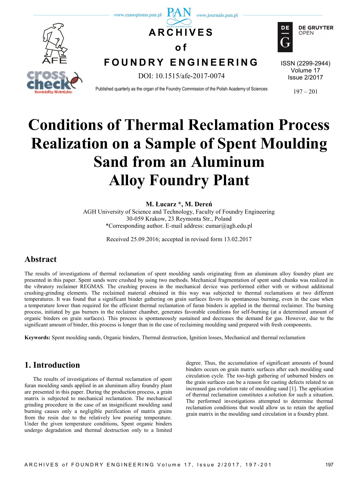 First page of Conditions of Thermal Reclamation Process Realization on a Sample of Spent Moulding Sand from an Aluminum Alloy Foundry Plant