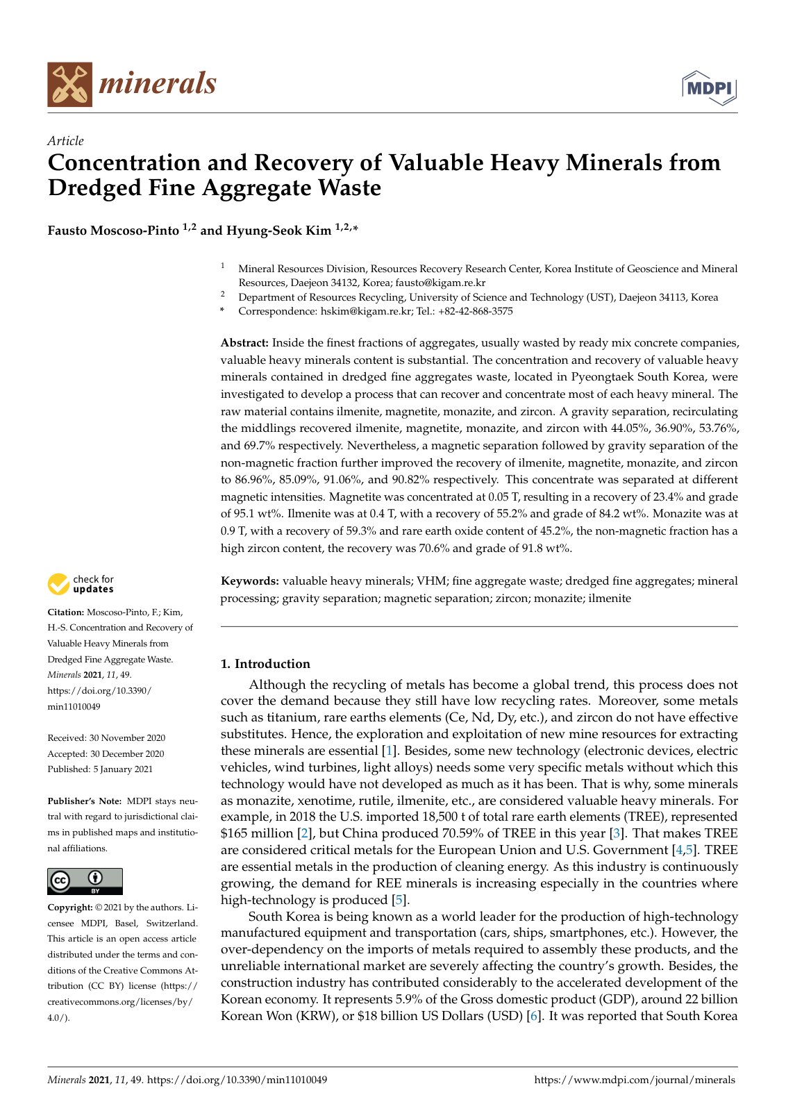 First page of Concentration and Recovery of Valuable Heavy Minerals from Dredged Fine Aggregate Waste