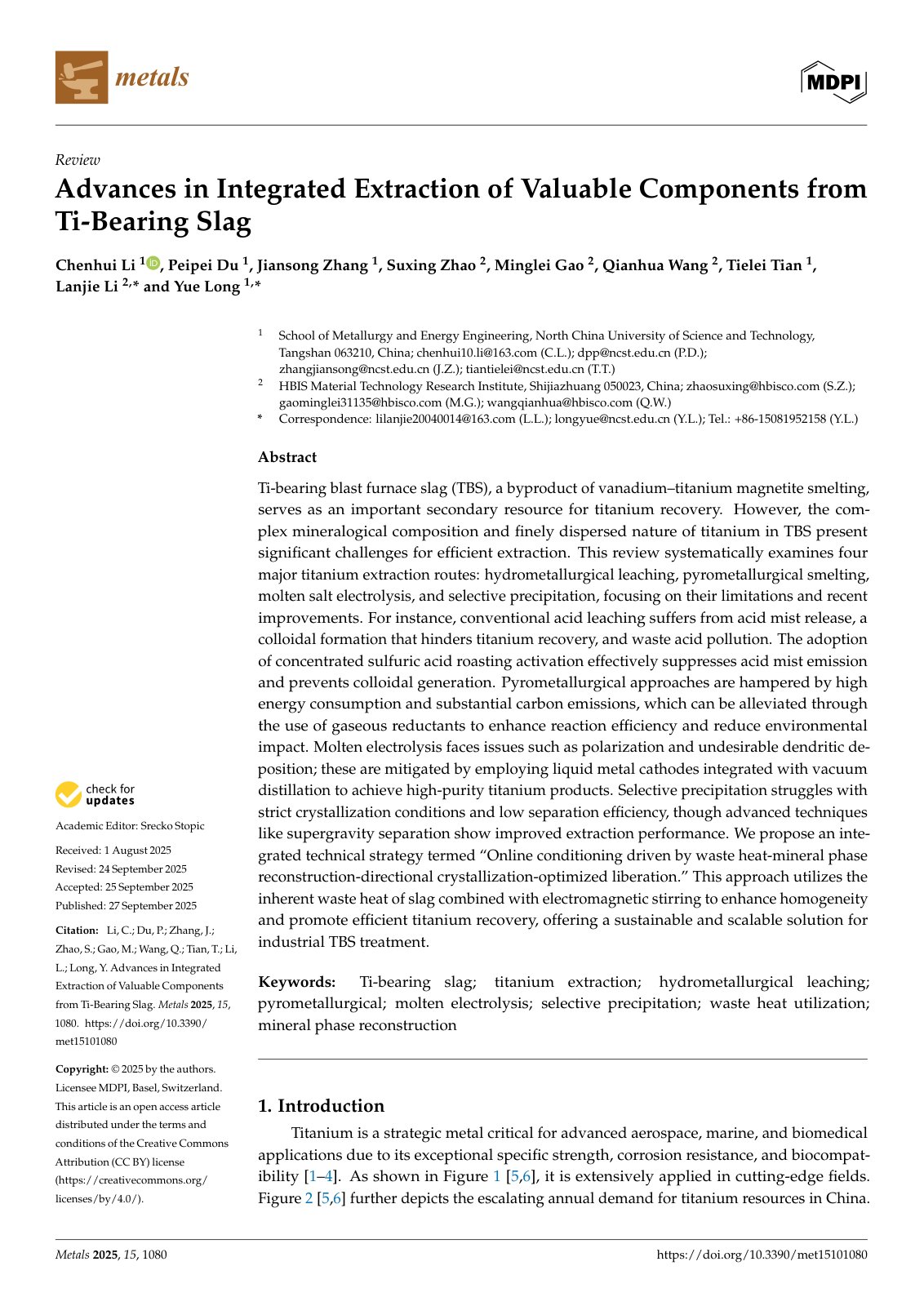 First page of 2025 C. X. Li Advances in Integrated Extraction of Valuable Components from Ti Bearing Slag met15101080