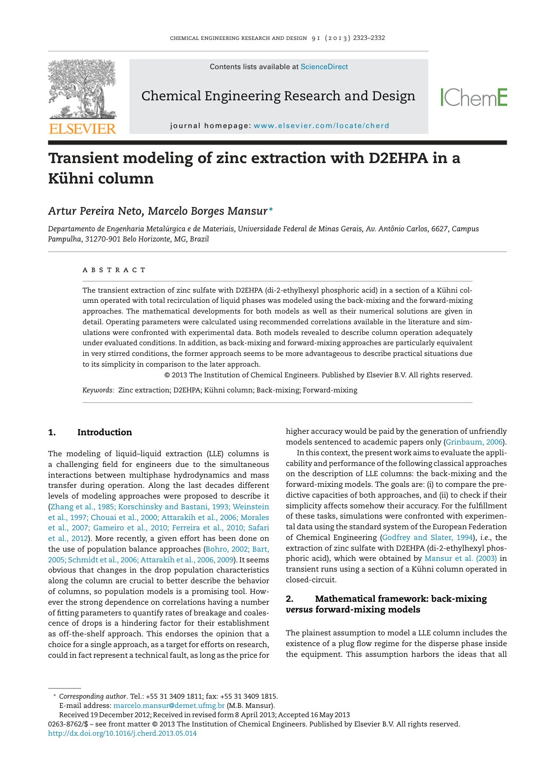 First page of Transient modeling of zinc extraction with D2EHP A in a Kühni column