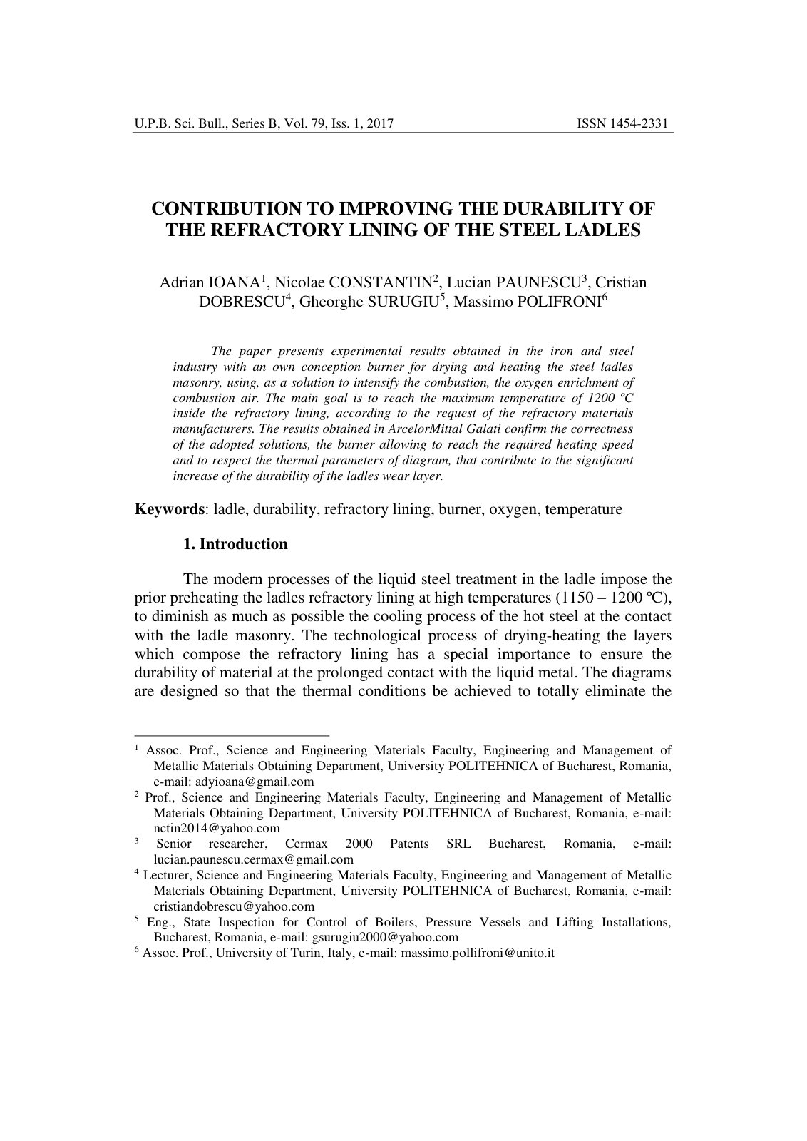 First page of CONTRIBUTION TO IMPROVING THE DURABILITY OF THE REFRACTORY LINING OF THE STEEL LADLES
