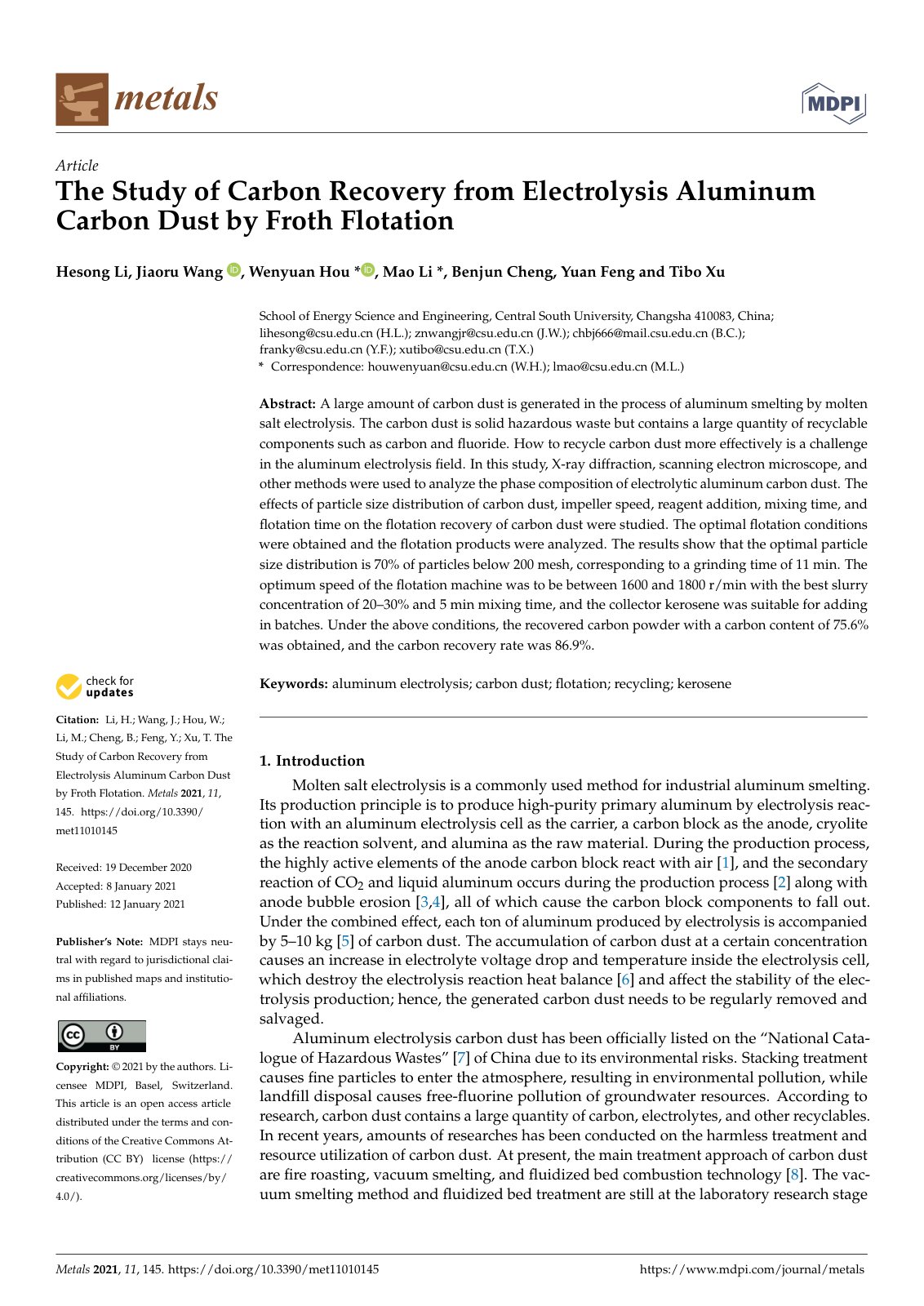 First page of The Study of Carbon Recovery from Electrolysis Aluminum Carbon Dust by Froth Flotation