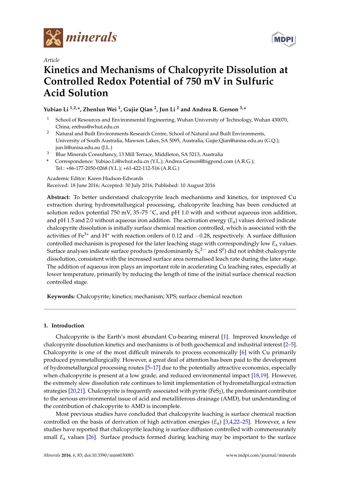 First page of Kinetics and Mechanisms of Chalcopyrite Dissolutionat Controlled Redox Potential of 750 mV in Sulfuric Acid Solution