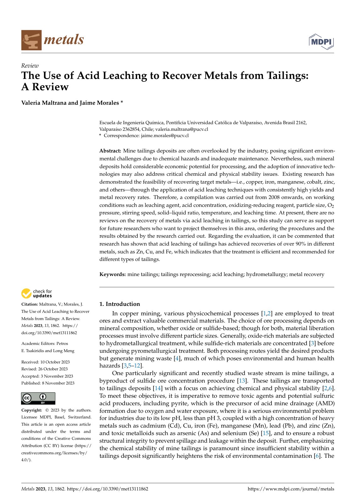 First page of The Use of Acid Leaching to Recover Metals from Tailings: A Review