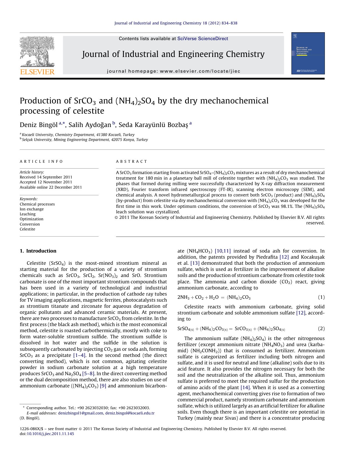 First page of Production of SrCO3 and NH4 2SO4 by the