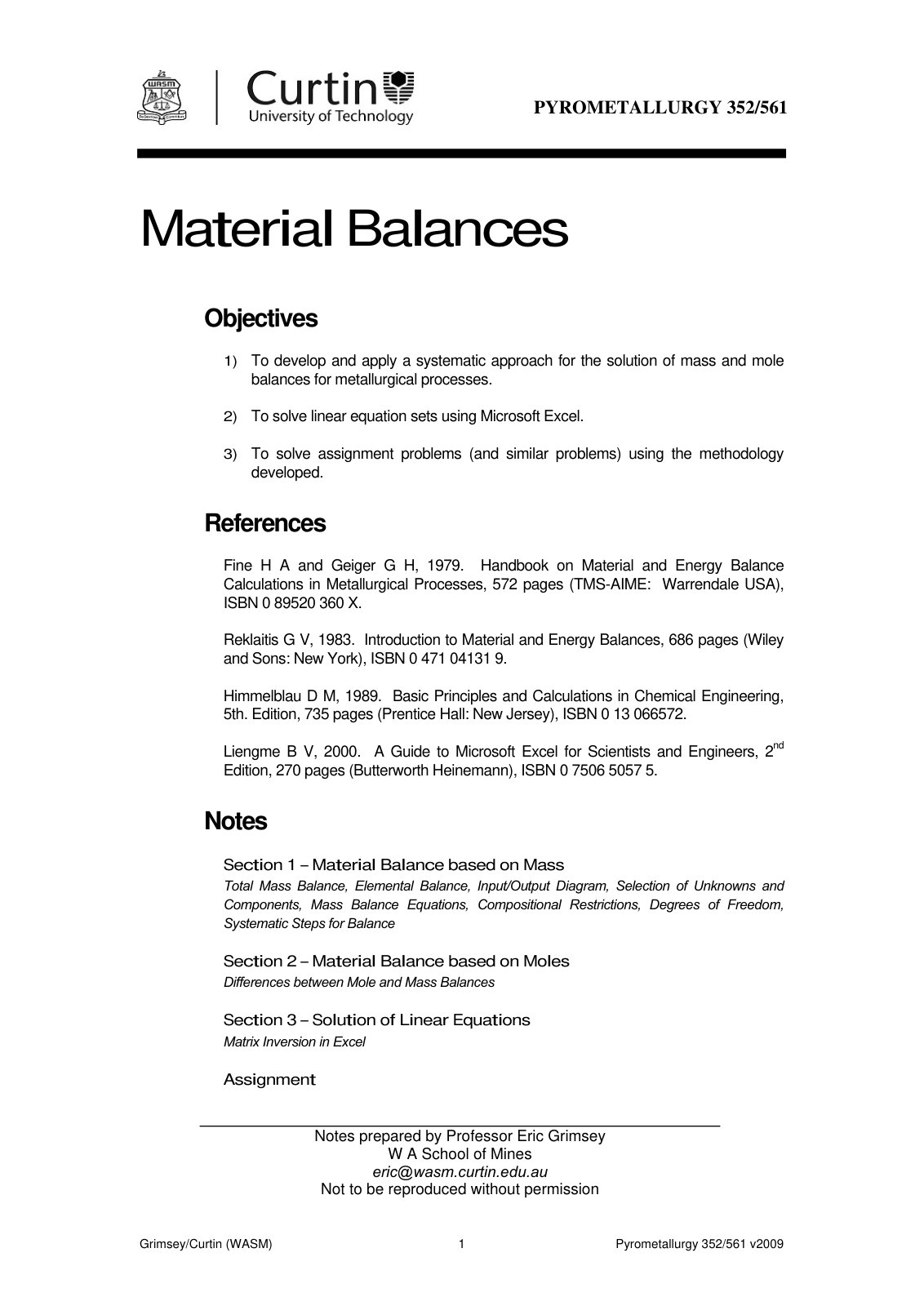 First page of Material Balance Lecture Notes 2009