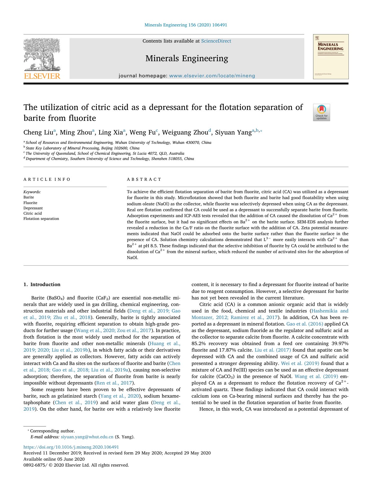 First page of The utilization of citric acid as a depressant for the flot 2020 Minerals En