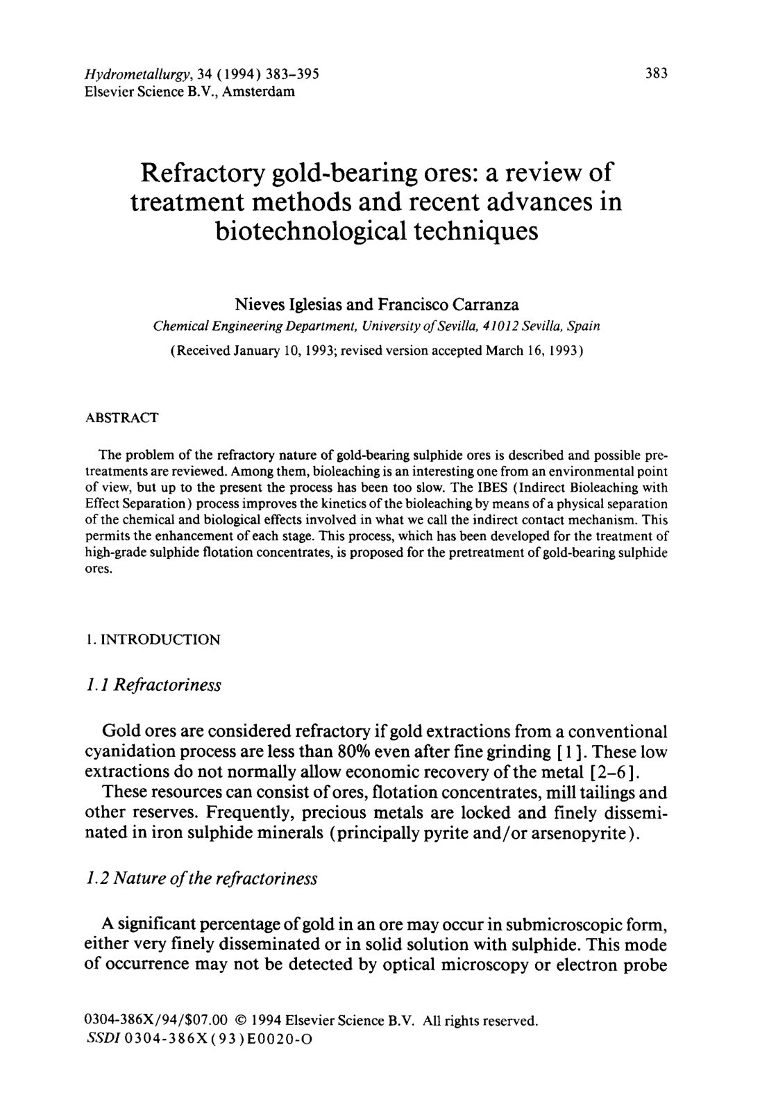First page of Refractory gold bearing ores a review of
