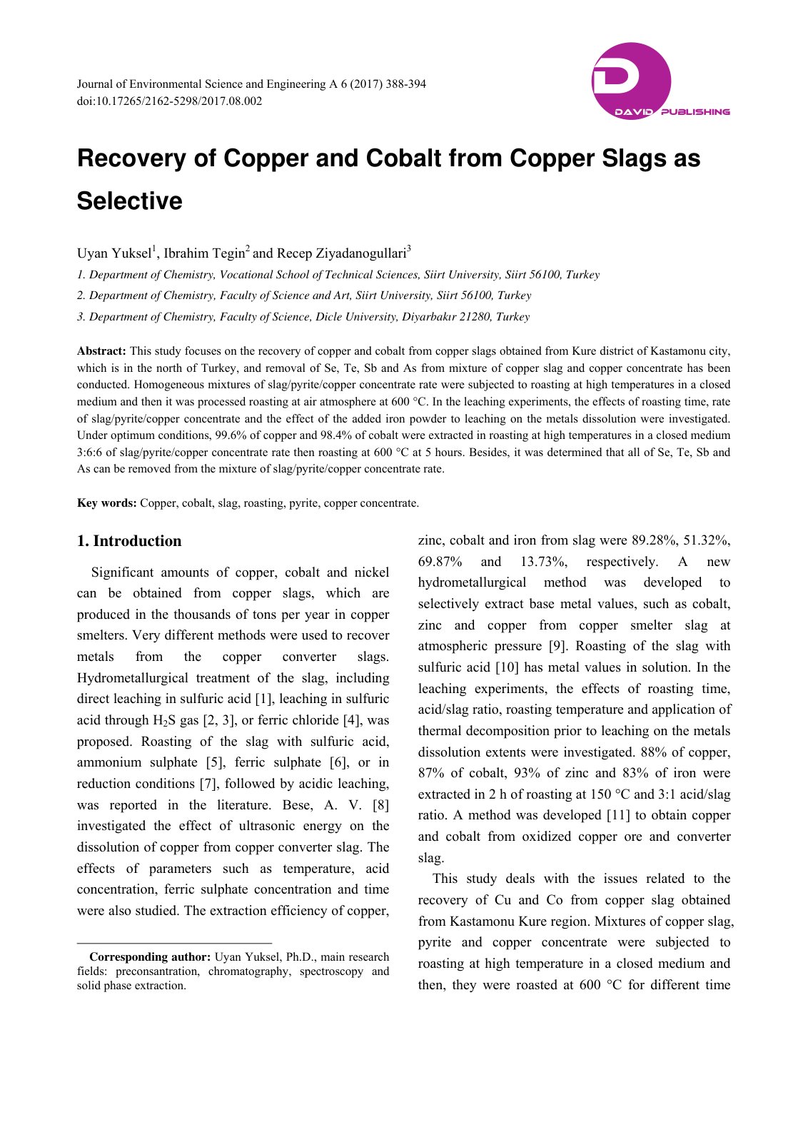 First page of Recovery of Copper and Cobalt from Coppe