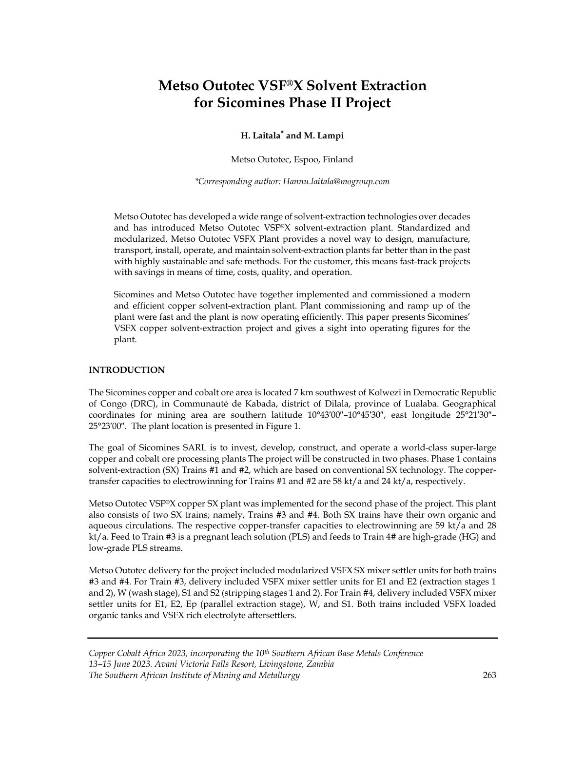 First page of Metso Outotec VSF®X Solvent Extraction for Sicomines Phase II Project