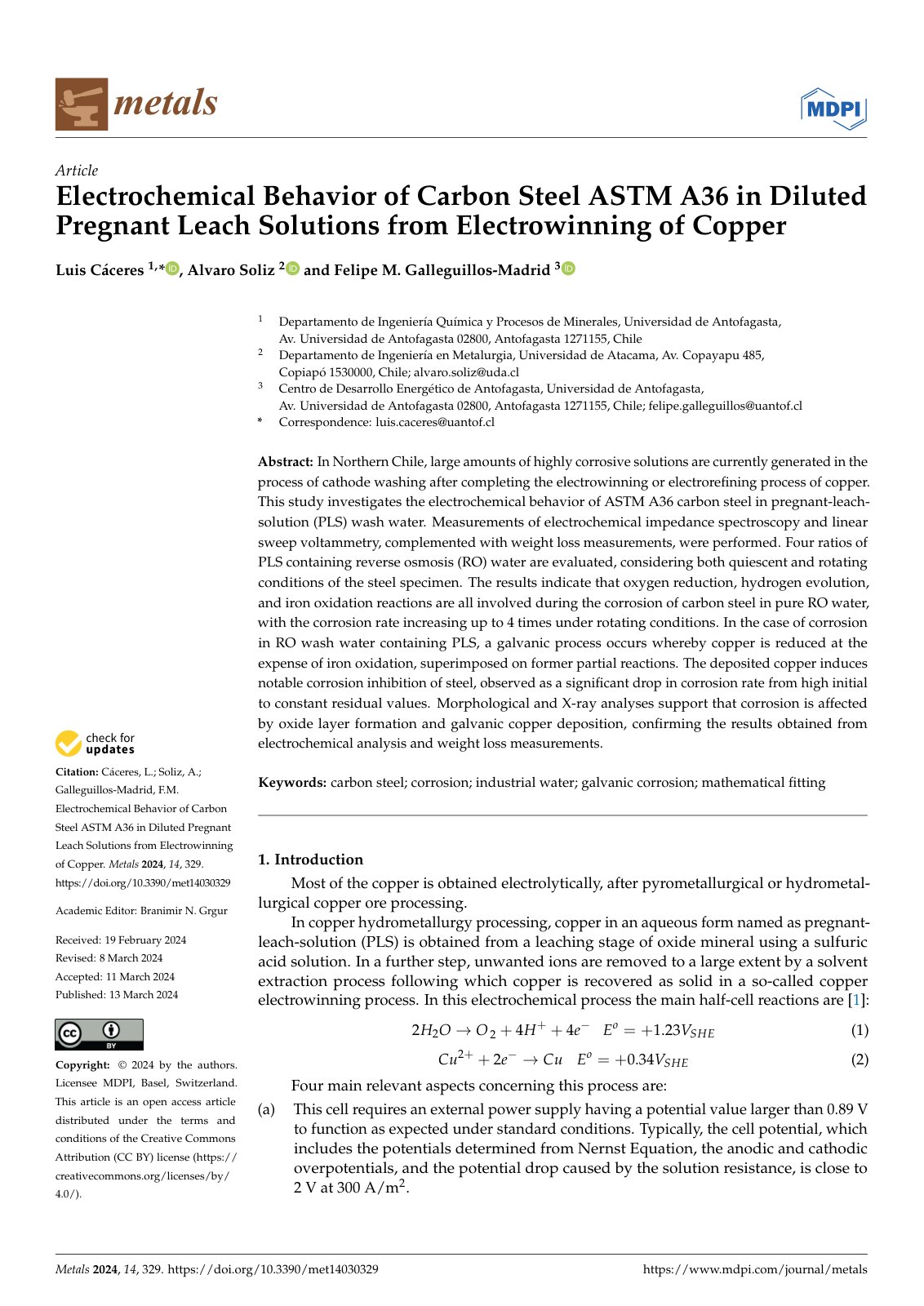 First page of Electrochemical Behavior of Carbon Steel ASTM A36 in Diluted Pregnant Leach Solutions from Electrowinning of Copper