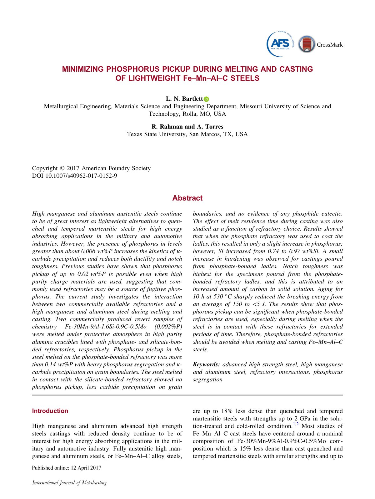 First page of MINIMIZING PHOSPHORUS PICKUP DURING MELTING AND CASTING OF LIGHTWEIGHT Fe–Mn–Al–C STEELS