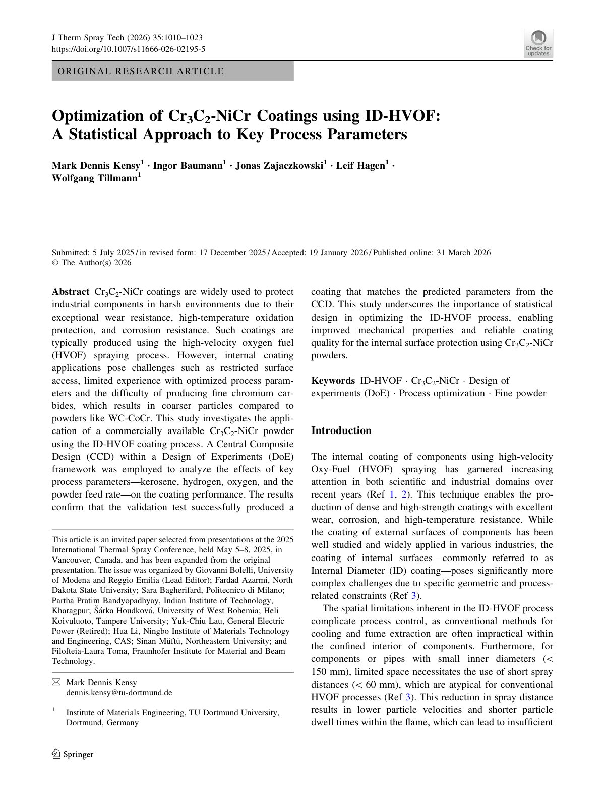 First page of Optimization of Cr 3C2-NiCr Coatings using ID-HVOF: A Statistical Approach to Key Process Parameters