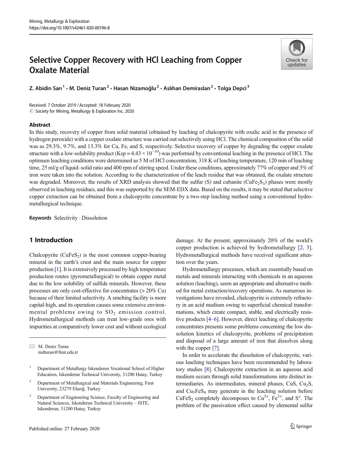 First page of Selective Copper Recovery with HCl Leaching from Copper Oxalate Material