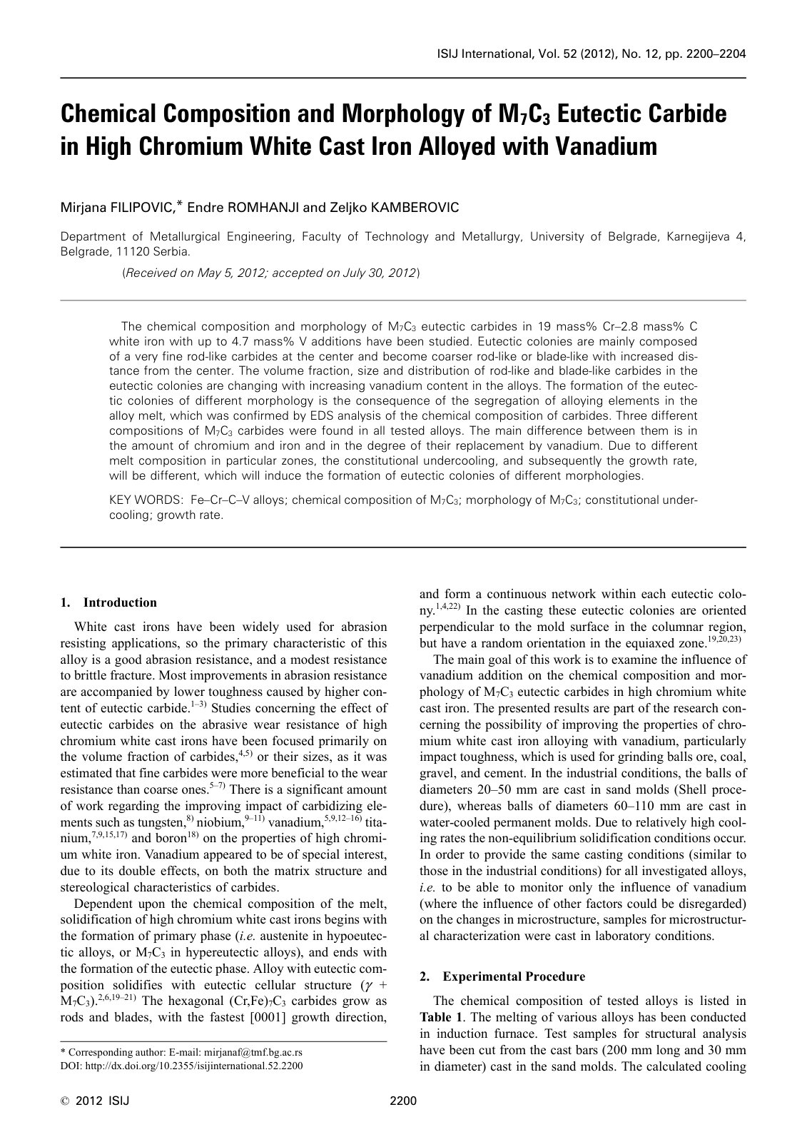 First page of Chemical Composition and Morphology of M7C3 Eutectic Carbide in High Chromium White Cast Iron Alloyed with Vanadium