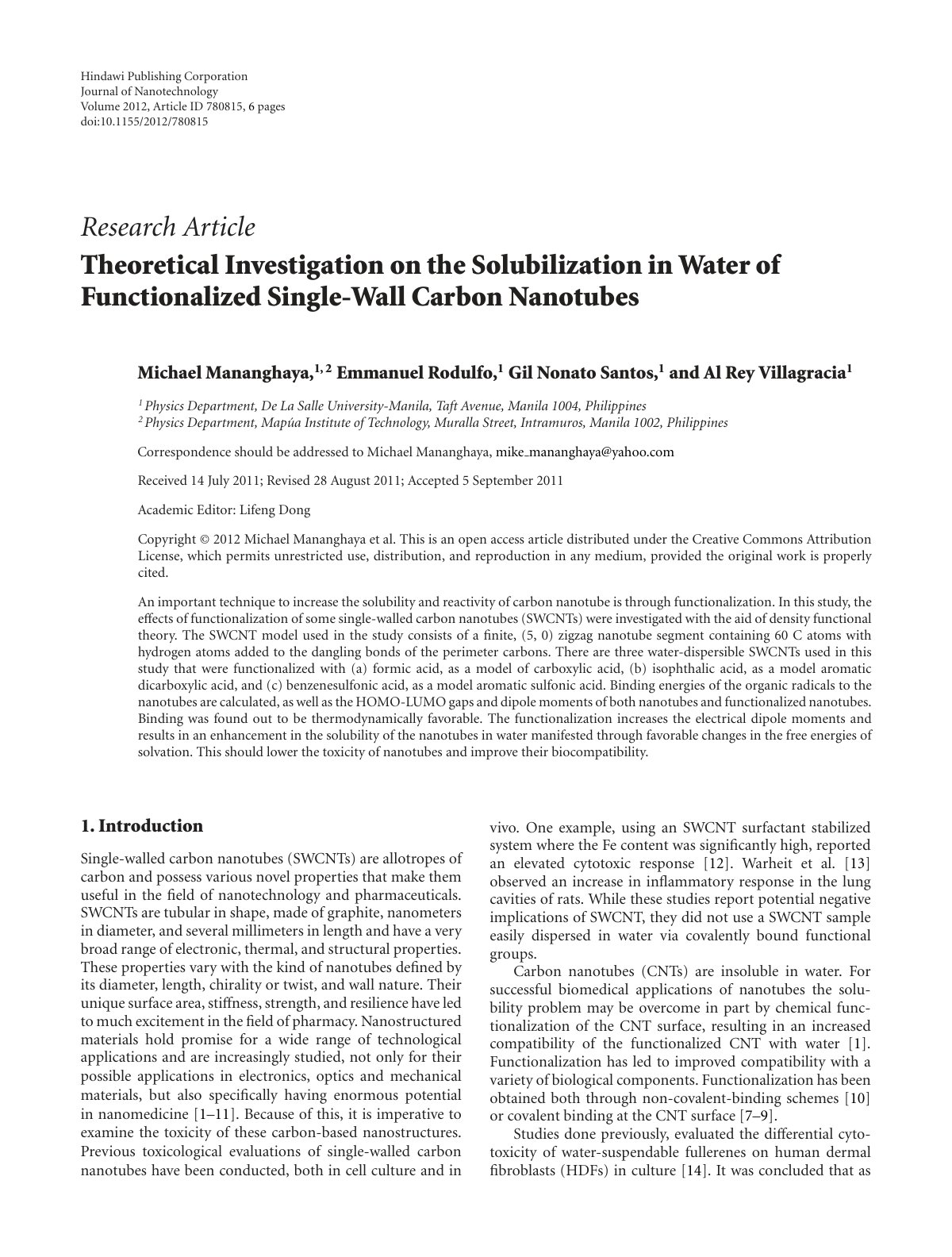 First page of Theoretical Investigation on the Solubilization in Water of Functionalized Single-Wall Carbon Nanotubes