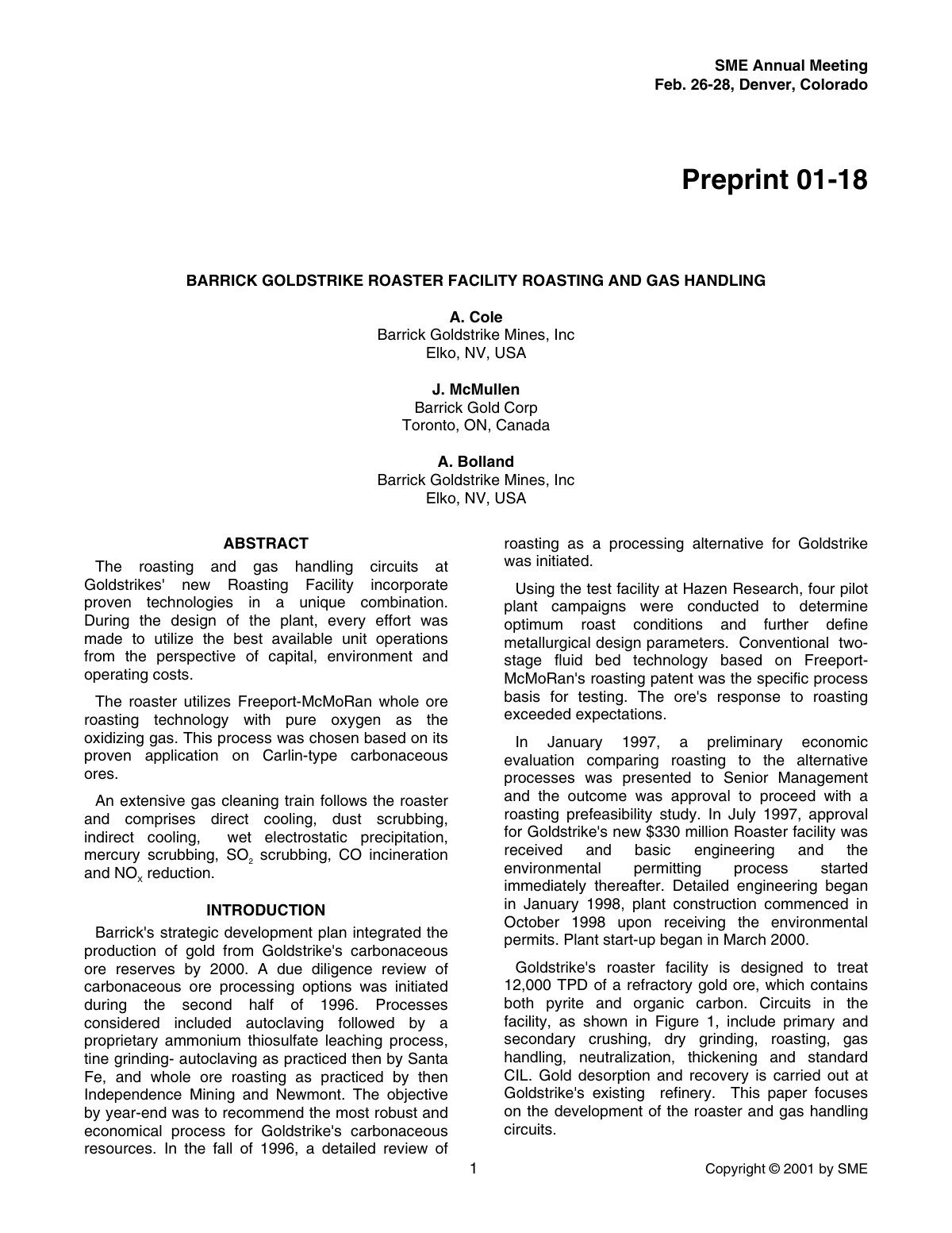 First page of Barrick Goldstrike Roaster Facility Roasting and Gas Handling