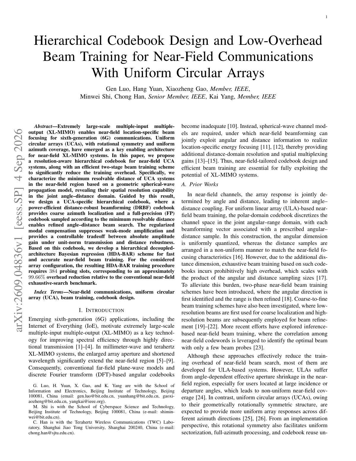 First page of Hierarchical Codebook Design and Low-Overhead Beam Training for Near-Field Communications With Uniform Circular Arrays