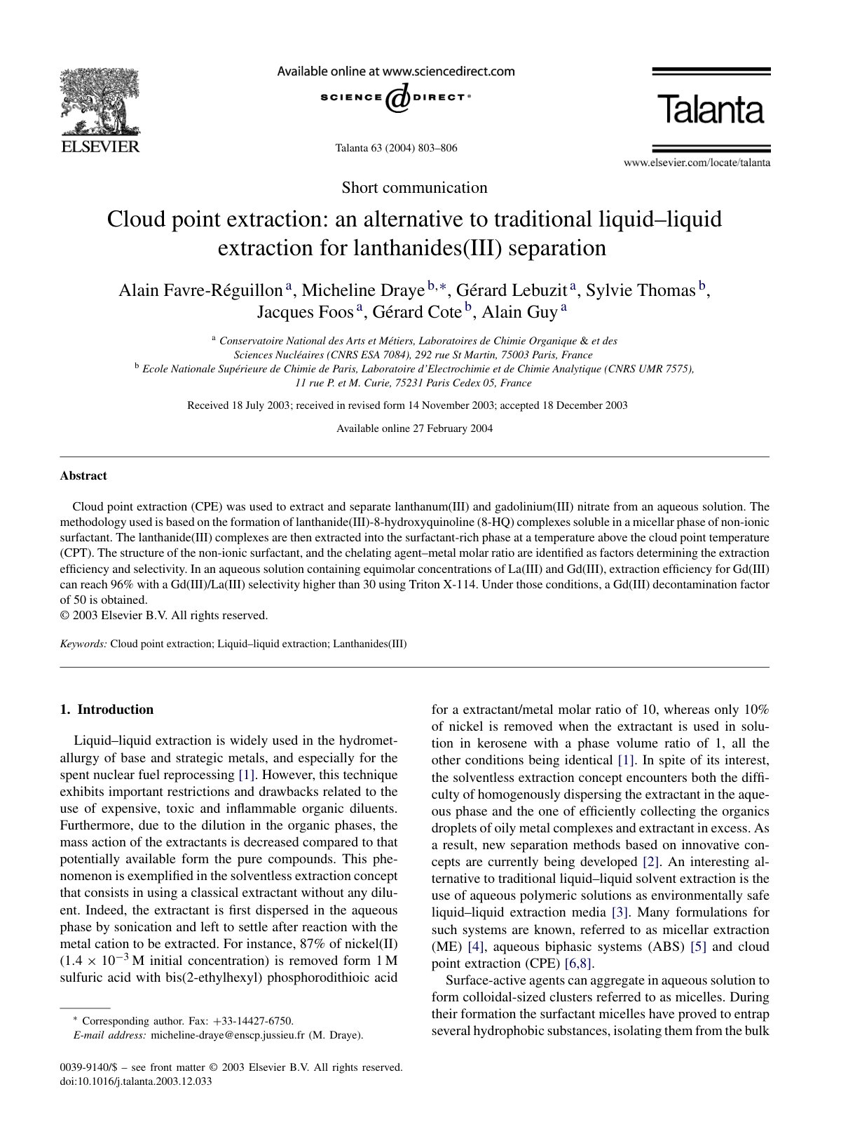 First page of Cloud point extraction an alternative to
