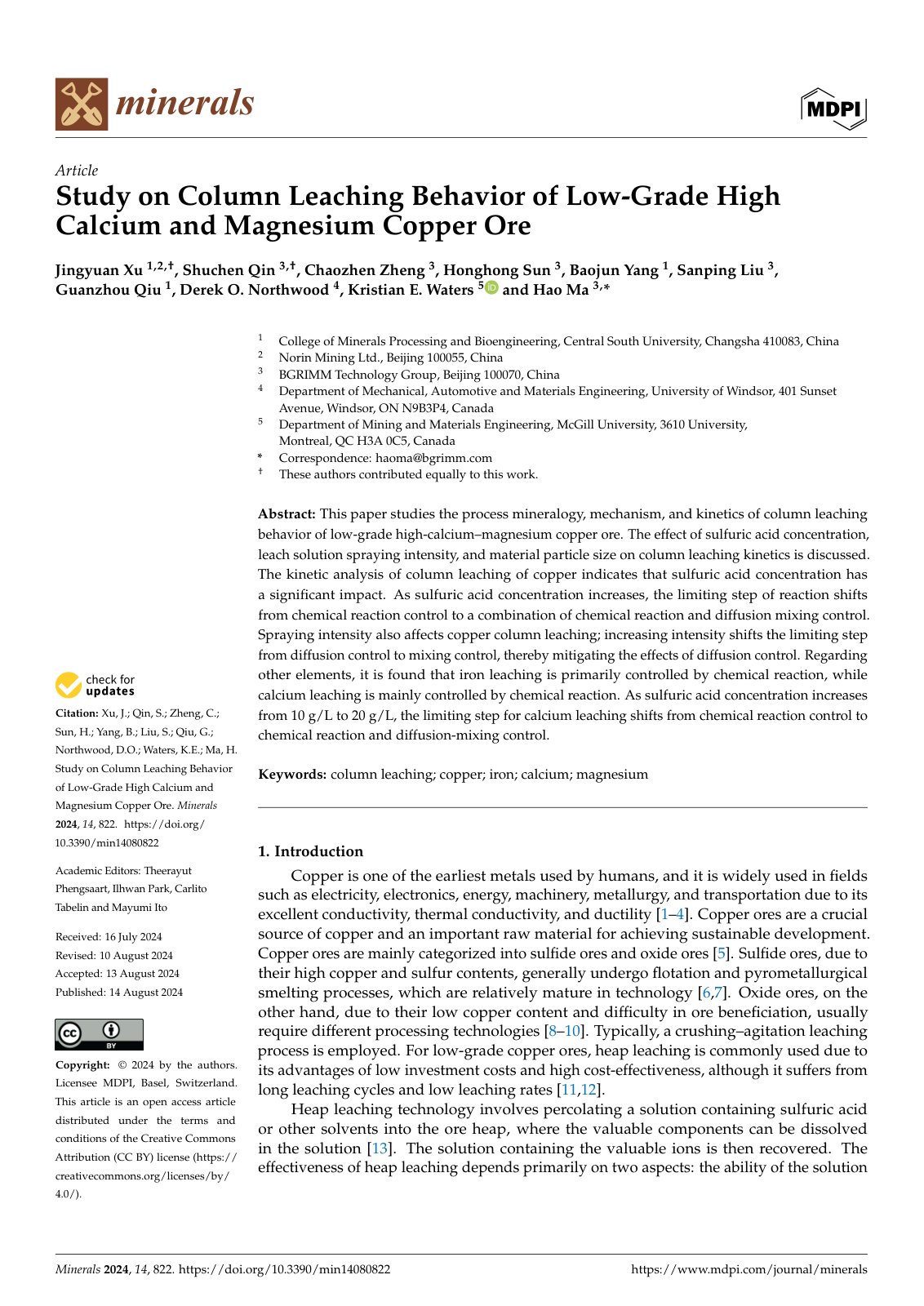 First page of 2024   Xu   Column leaching of high calcium magnesium copper ore