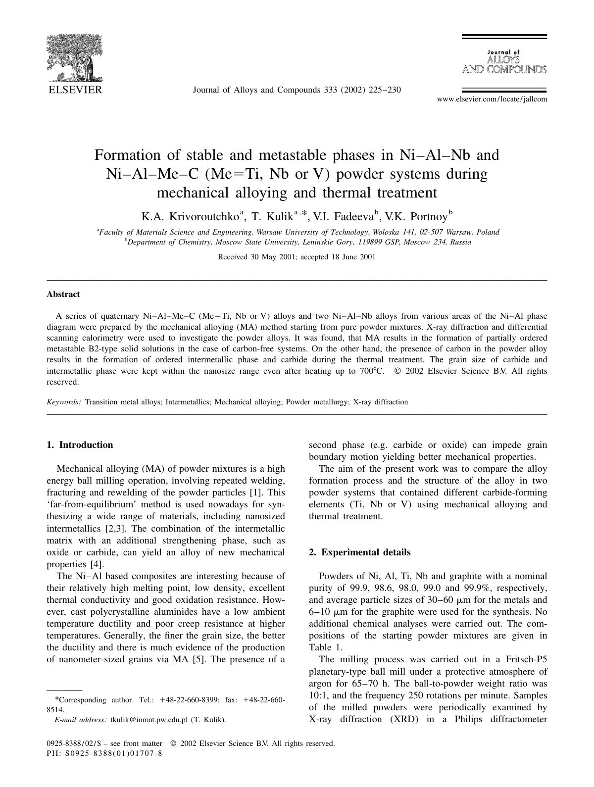 First page of Formation of stable and metastable phases in Ni±Al±Nb and Ni±Al±Me±C (Me 5Ti, Nb or V) powder systems during mechanical alloying and thermal treatment